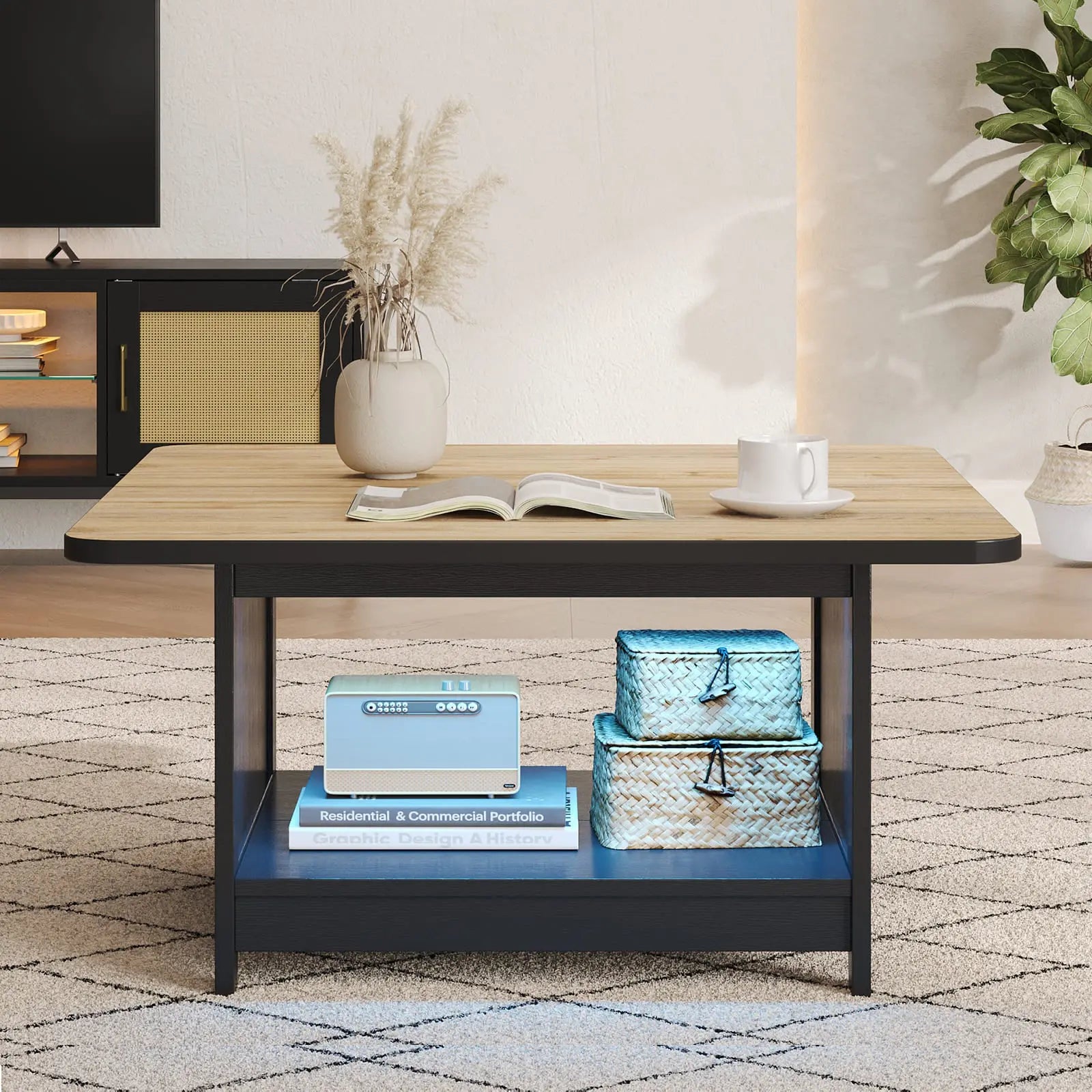 Bestier Square Rattan Coffee Table - Modern Woven Wicker Side Table for Living Room, Patio, or Outdoor Use - Stylish & Durable Home Decor Accent