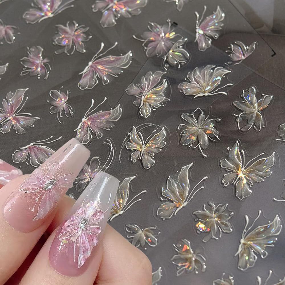 Aurora Butterfly Nail Art Stickers - Lightweight Shell & Laser Butterfly Nail Decals for Manicure | Perfect for DIY Nail Art, Parties, and Special Occasions