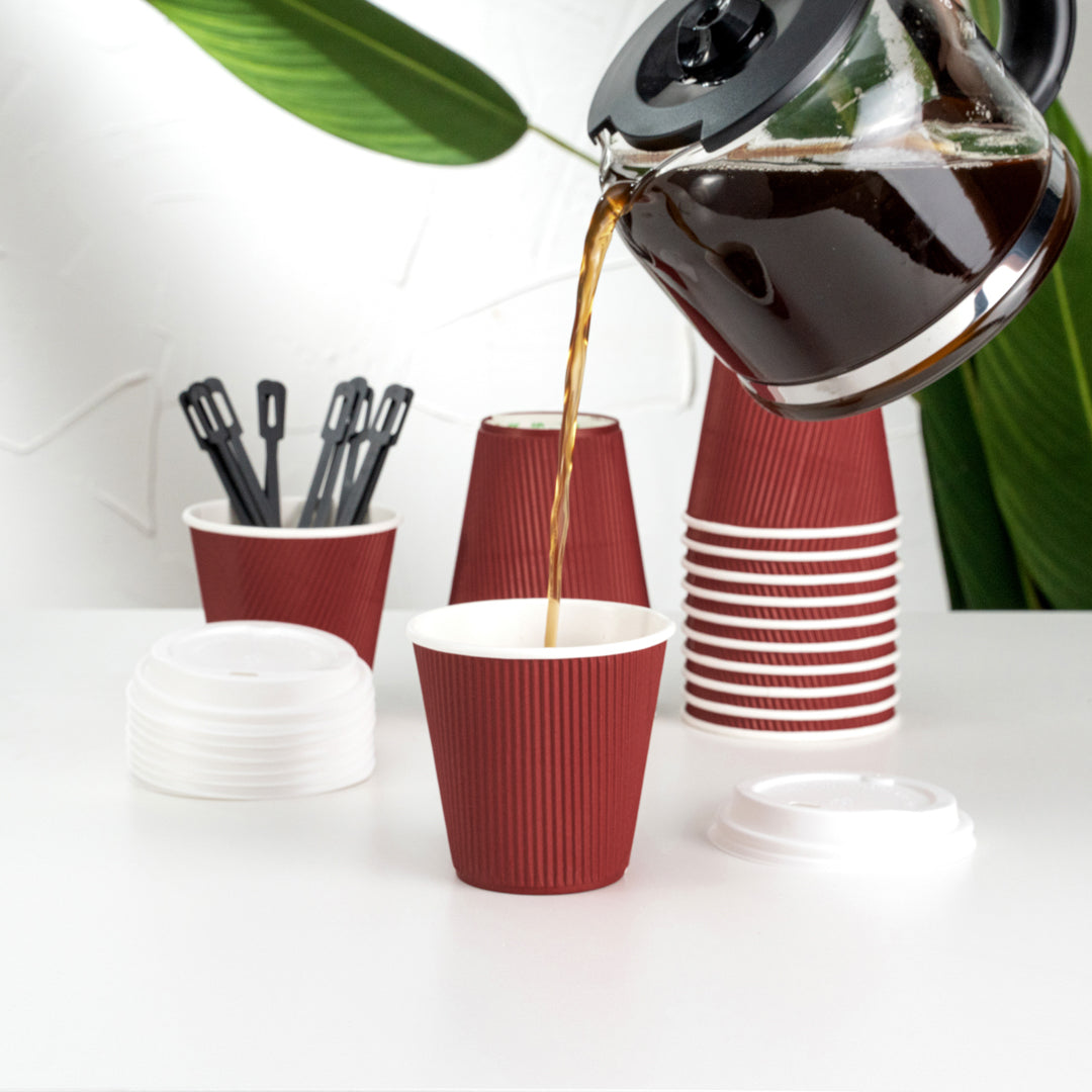 8 oz Crimson Red Ripple Wall Paper Coffee Cups with White Lids - 20 Count Box (3.5