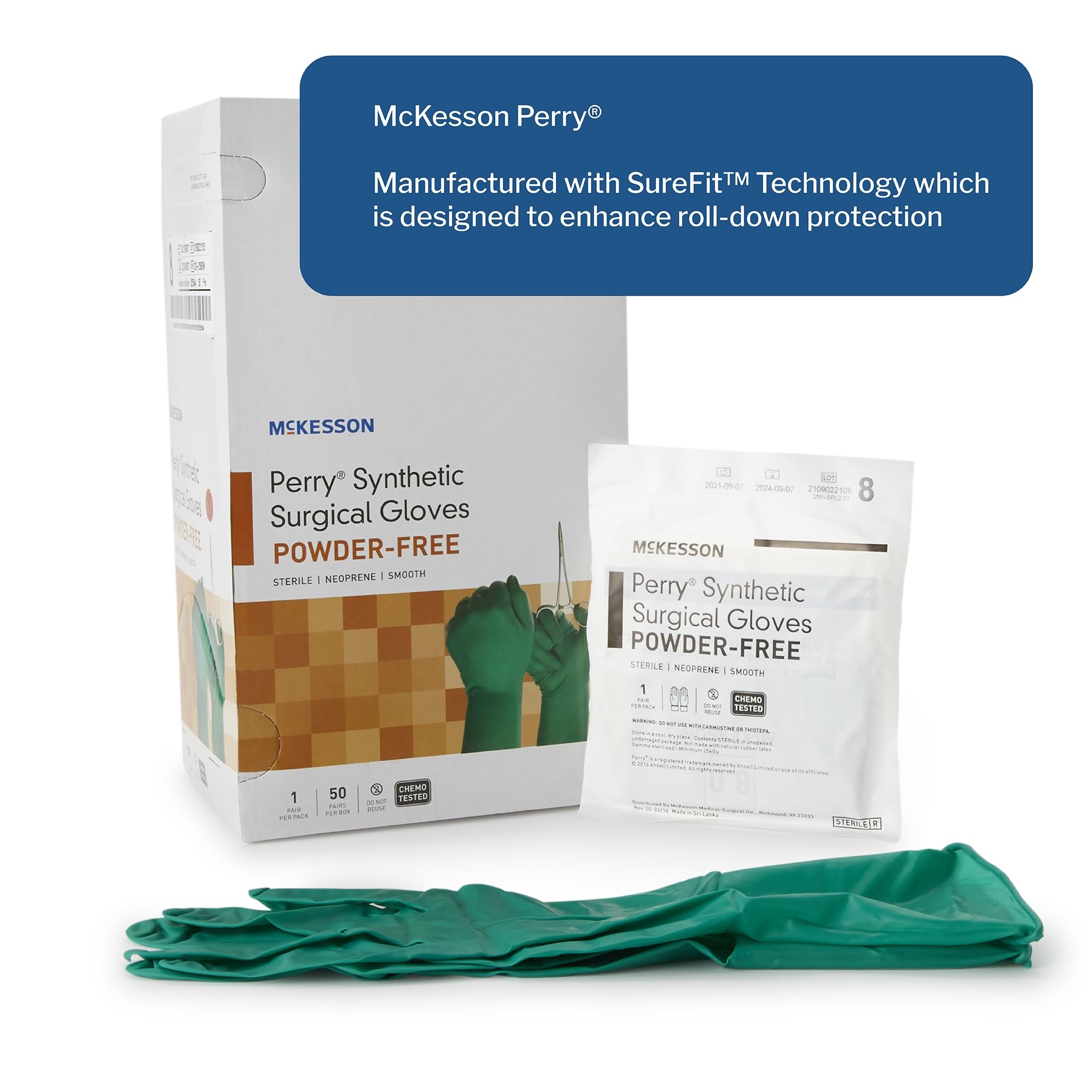 McKesson Perry Synthetic Surgical Gloves [50 Pairs] - Sterile, Powder-Free Neoprene Gloves for Medical & Healthcare Professionals | Chemo Tested, Size 8.0, Green | Ideal for Surgery, Dental Work & Laboratory Use