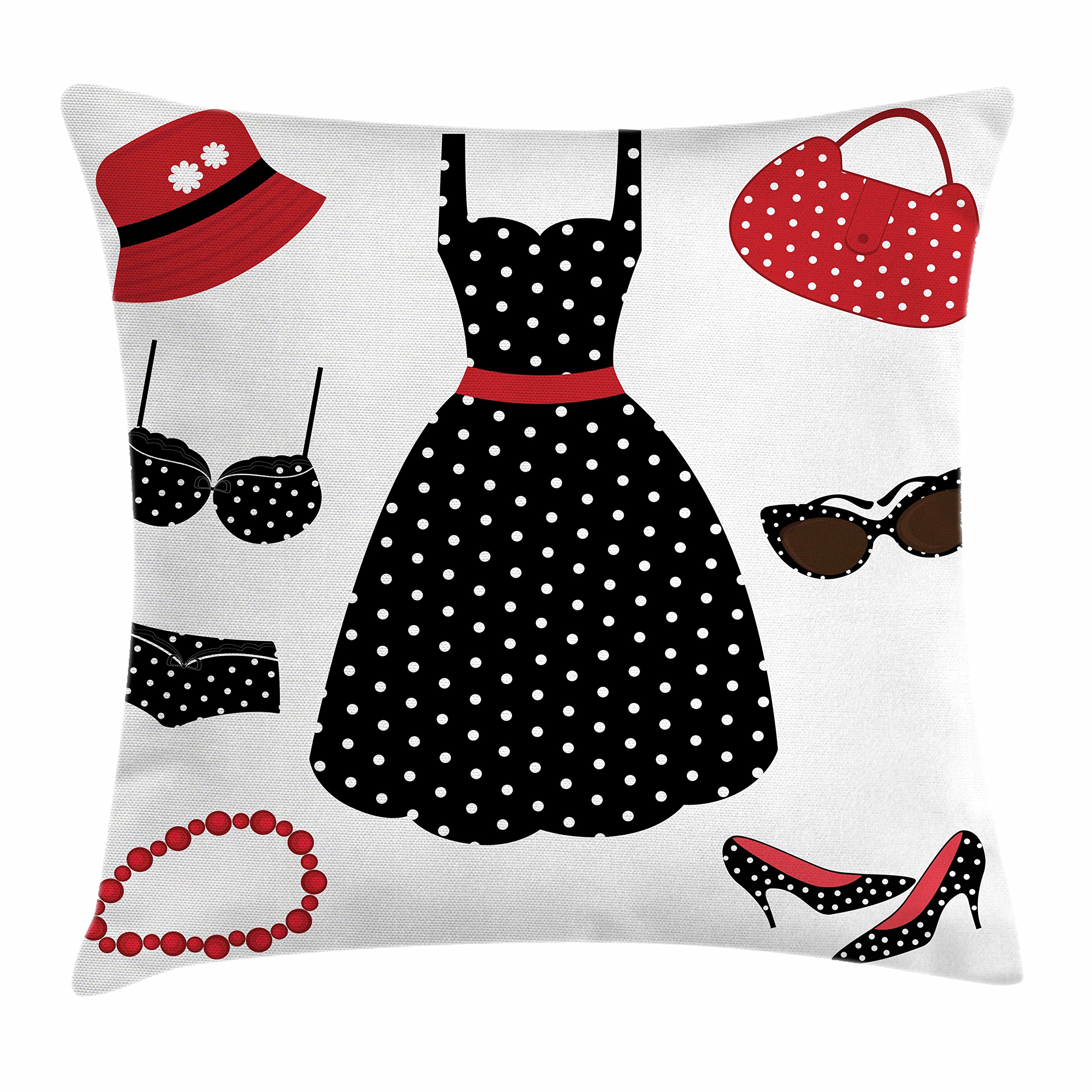 1950s Vintage Throw Pillow Cover - Retro 50s Fashion Dress, Bag, Hat, Heels & Sunglasses Print - Decorative Square Accent Pillow Case 40x40 Inches - Red Black White Design - Perfect for Mid-Century Modern Home Decor, Living Room Sofa & Bedroom Styling