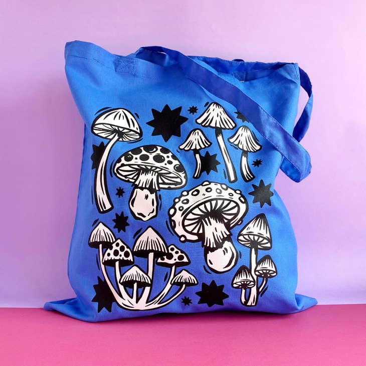 Stylish Blue Mushroom Print Tote Bag - Eco-Friendly Reusable Grocery Shopping Bag for Women & Men - Perfect for Beach, Market, and Daily Use