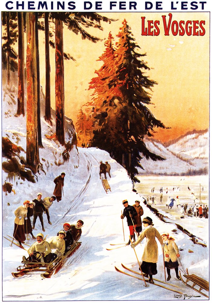 Vintage Vosges France Sledding & Skiing Travel Poster - Giclee Gallery Print 16x24 - Wall Decor for Ski Lodge, Cabin & Adventure Travel Enthusiasts