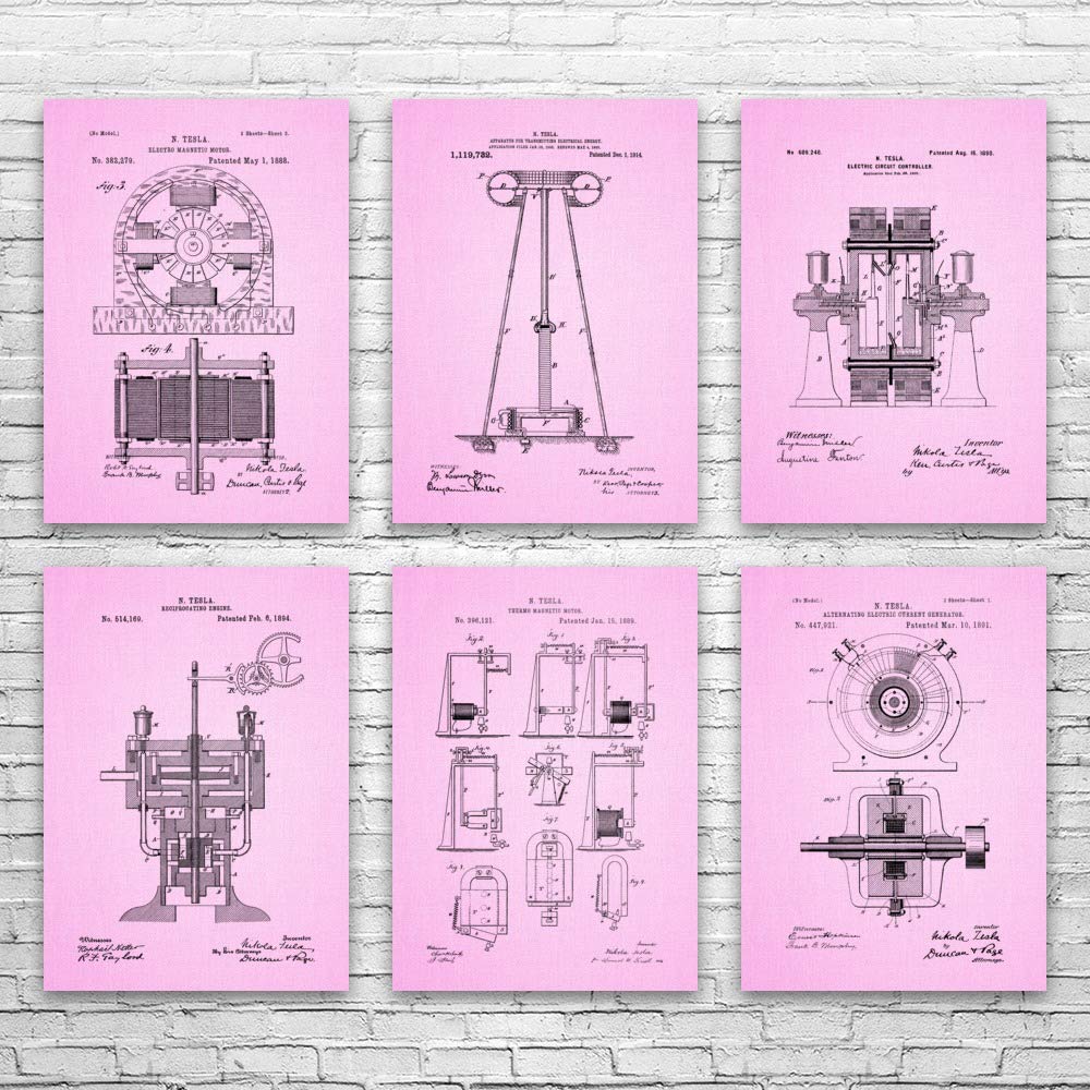Nikola Tesla Inventions Posters Set of 6 - 12x16 Inch Science Wall Art, Electrician & Physics Teacher Gift, Circuit Blueprint Design on Pink Cloth - Perfect for Classroom Decor, Lab Art & STEM Education