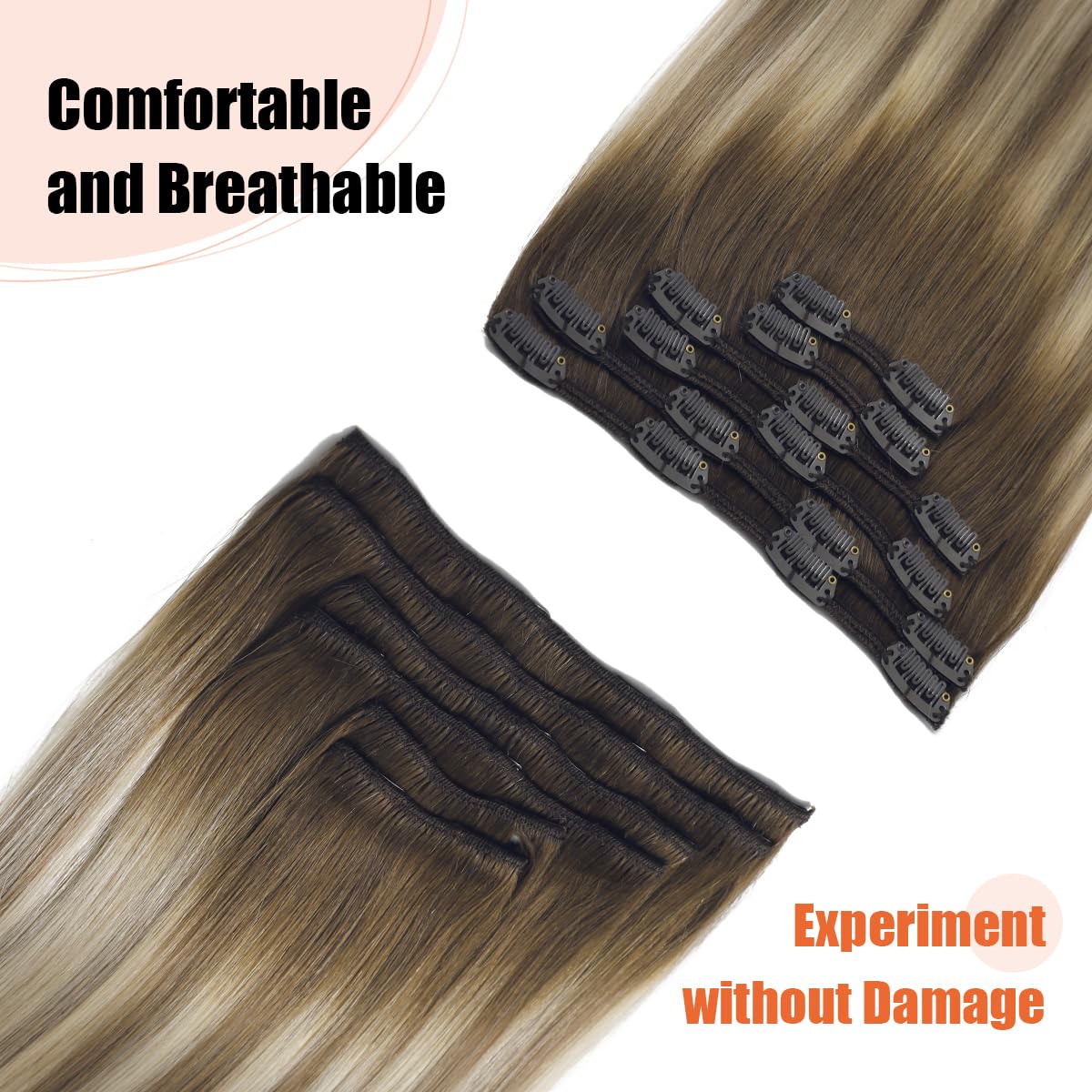 XDhair 100% Real Human Hair Clip in Extensions - 14 Inch, 6pcs 100g, Balayage Ombre Walnut Brown to Ash Brown Blonde - Straight Hair Extensions for Women - Perfect for Daily Styling, Parties & Special Occasions