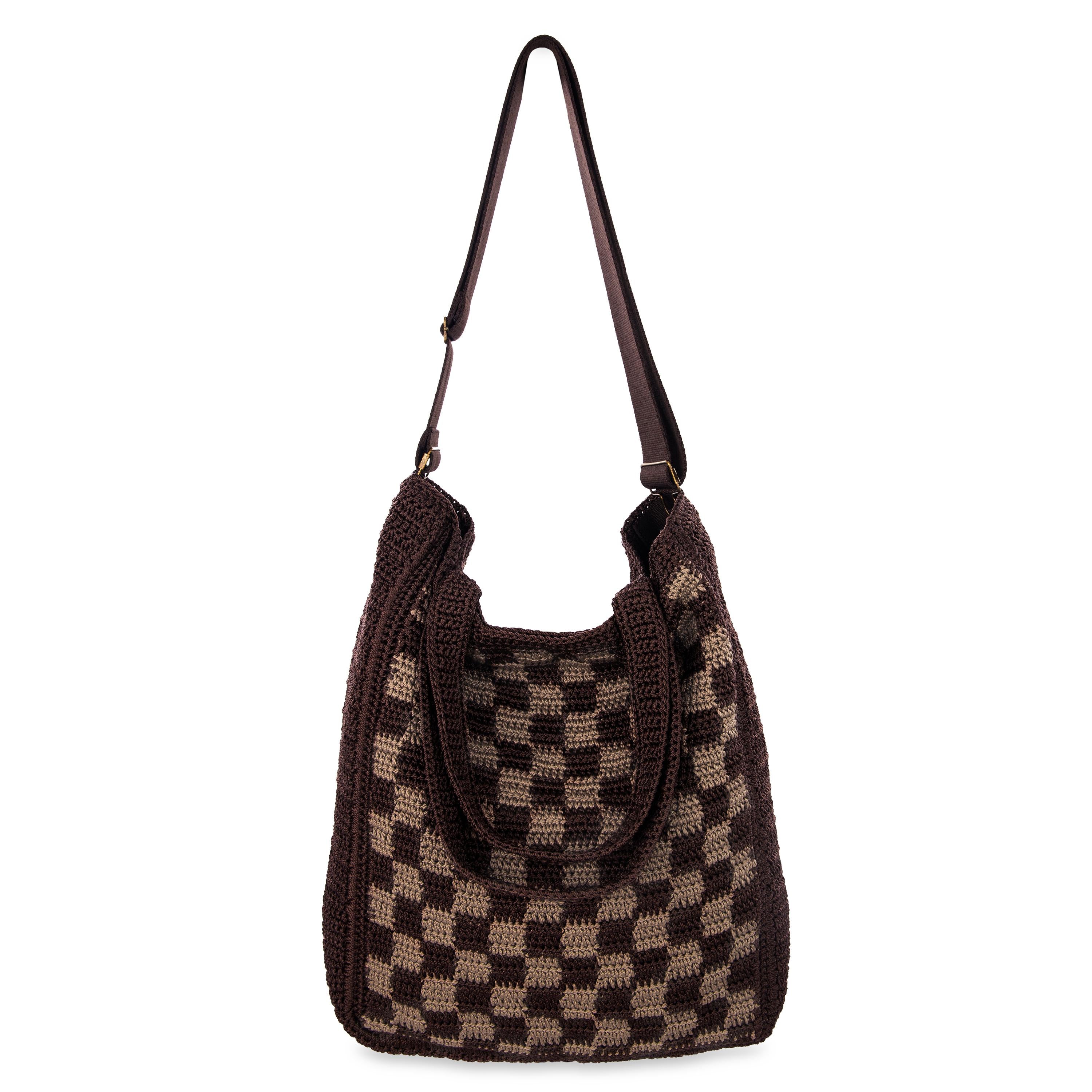 Lanie Market Tote Bag - Hand Crochet Brown Checkered Eco-Friendly Shopping Bag - Perfect for Groceries, Beach Trips & Farmers Market