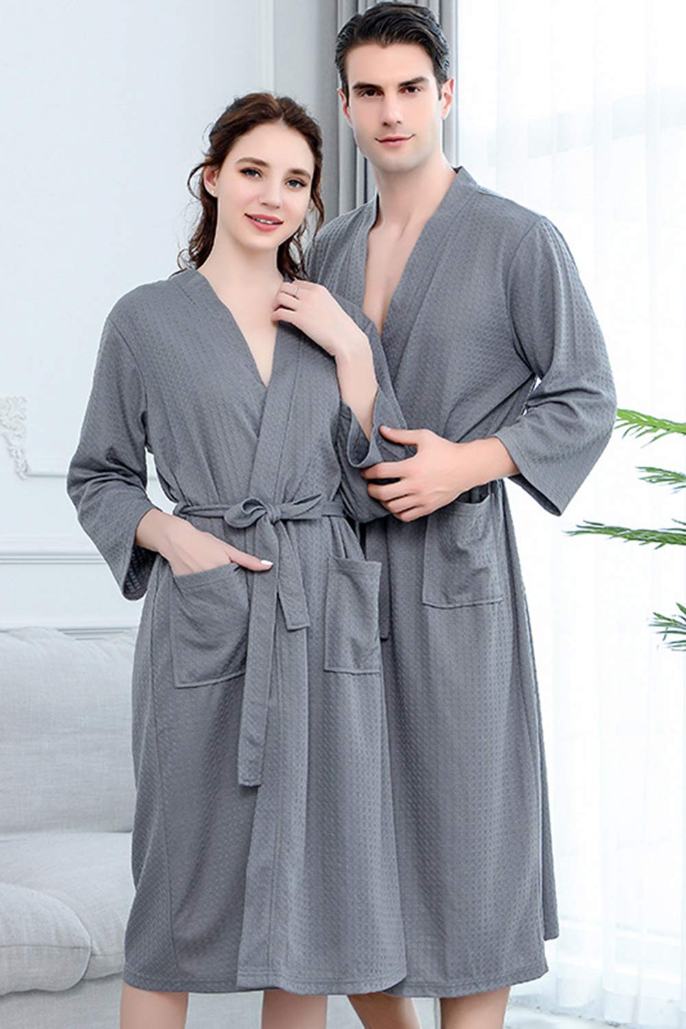 ASHER FASHION Women's Lightweight Fleece Robe - Soft Long Waffle Kimono Bathrobe for Women & Men, Unisex Spa Robe - Perfect for Lounge, Relaxation & Home Comfort