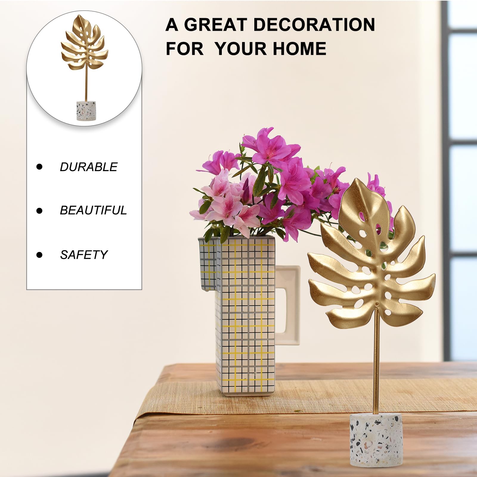 IMIKEYA 4pcs Gold Leaf Sculpture Statue Set with Metal Base - Elegant Home & Office Desktop Decor - Perfect for Living Room, Bookshelf, or Gift Giving