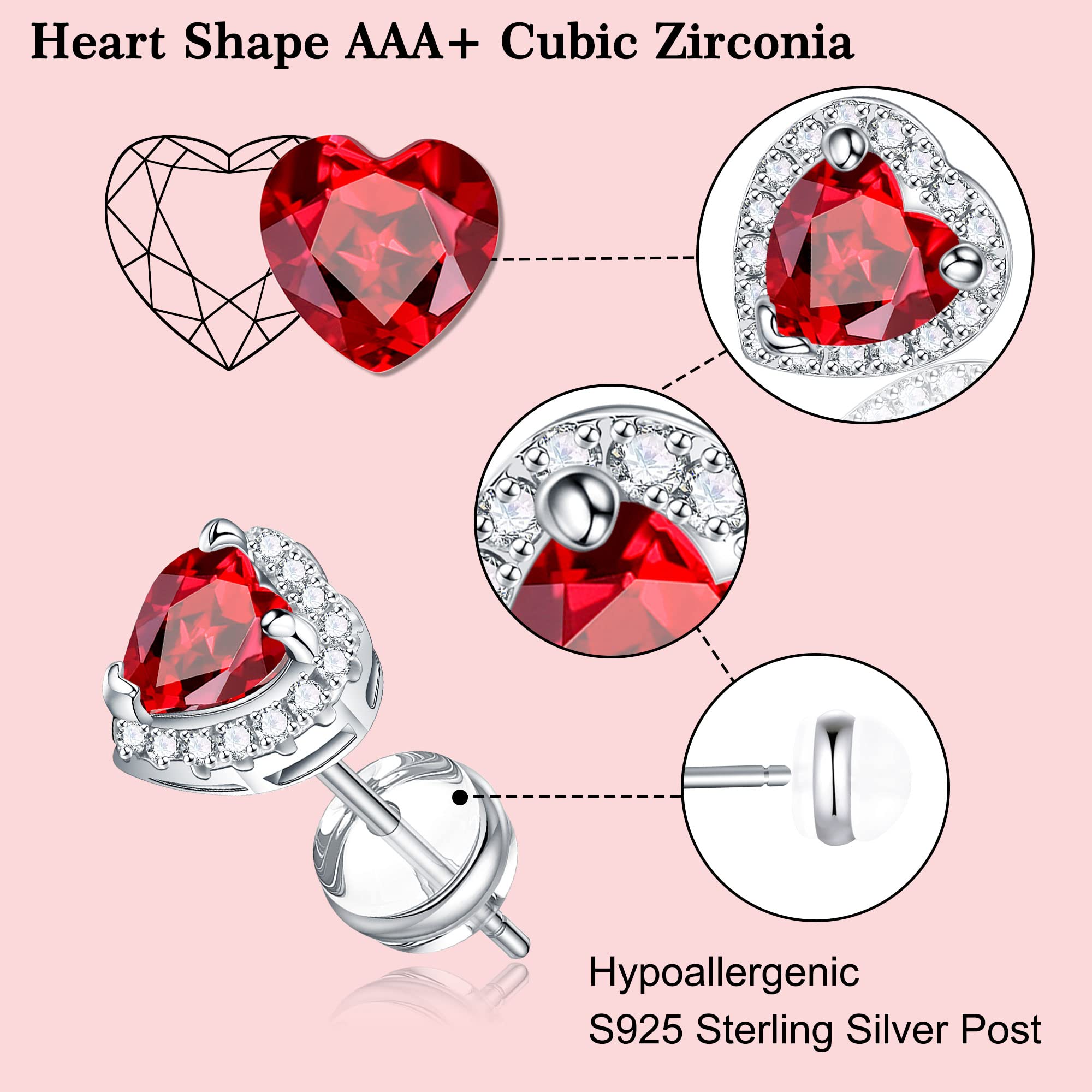 Heart Earrings for Women & Girls - S925 Sterling Silver Hypoallergenic Birthstone Stud Earrings | Sparkling Valentine's Day, Birthday Gift for Her | Perfect for Parties, Weddings & Everyday Wear