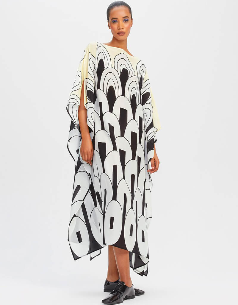 Luxury Black and White Silk Crepe Kaftan - Elegant Soft Flowy Women's Dress for Beach Cover Up, Resort Wear & Summer Evenings
