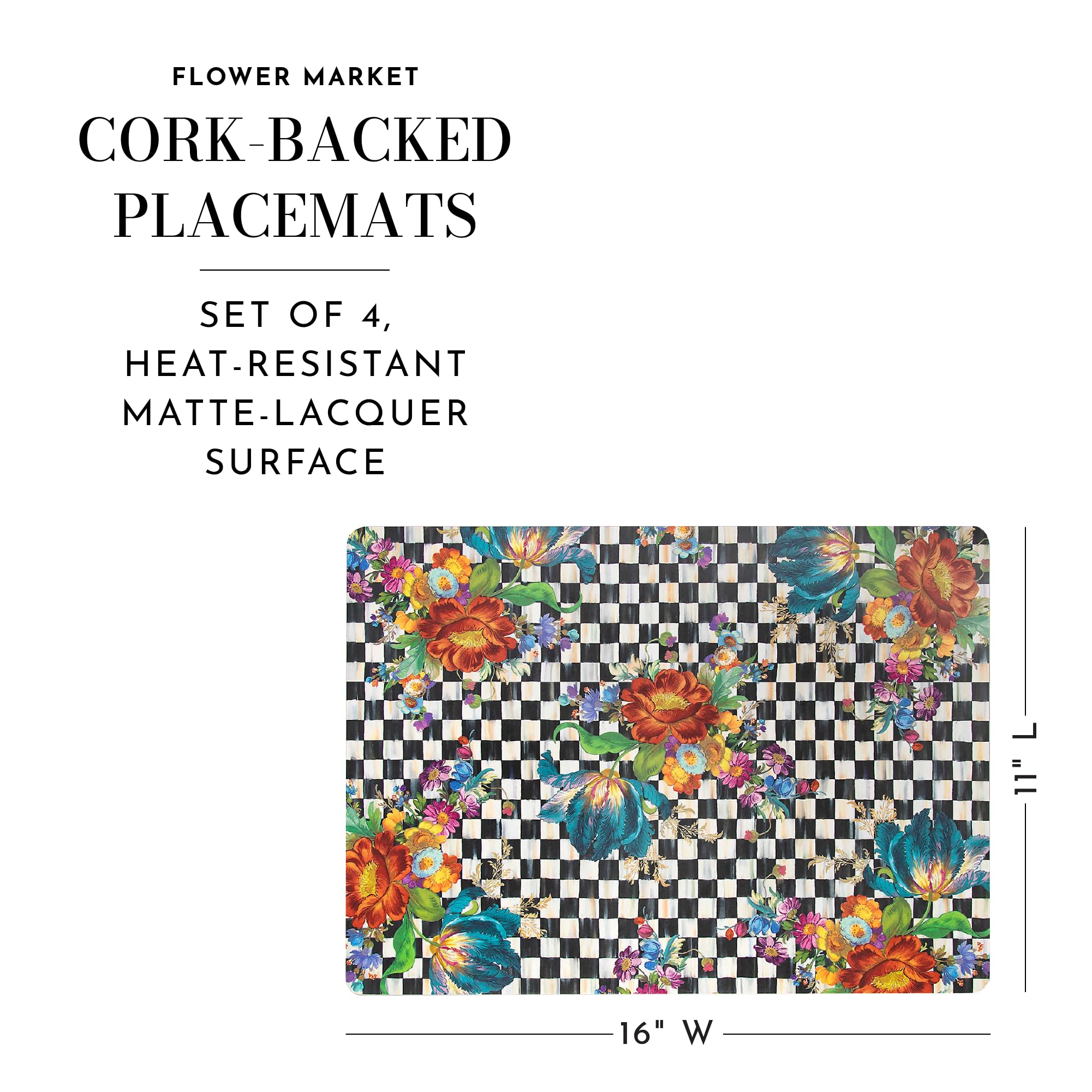 MACKENZIE-CHILDS Cork-Back Washable Placemats Set of 4 - Courtly Flower Market Design for Dining Table Decor, Kitchen, and Party Use