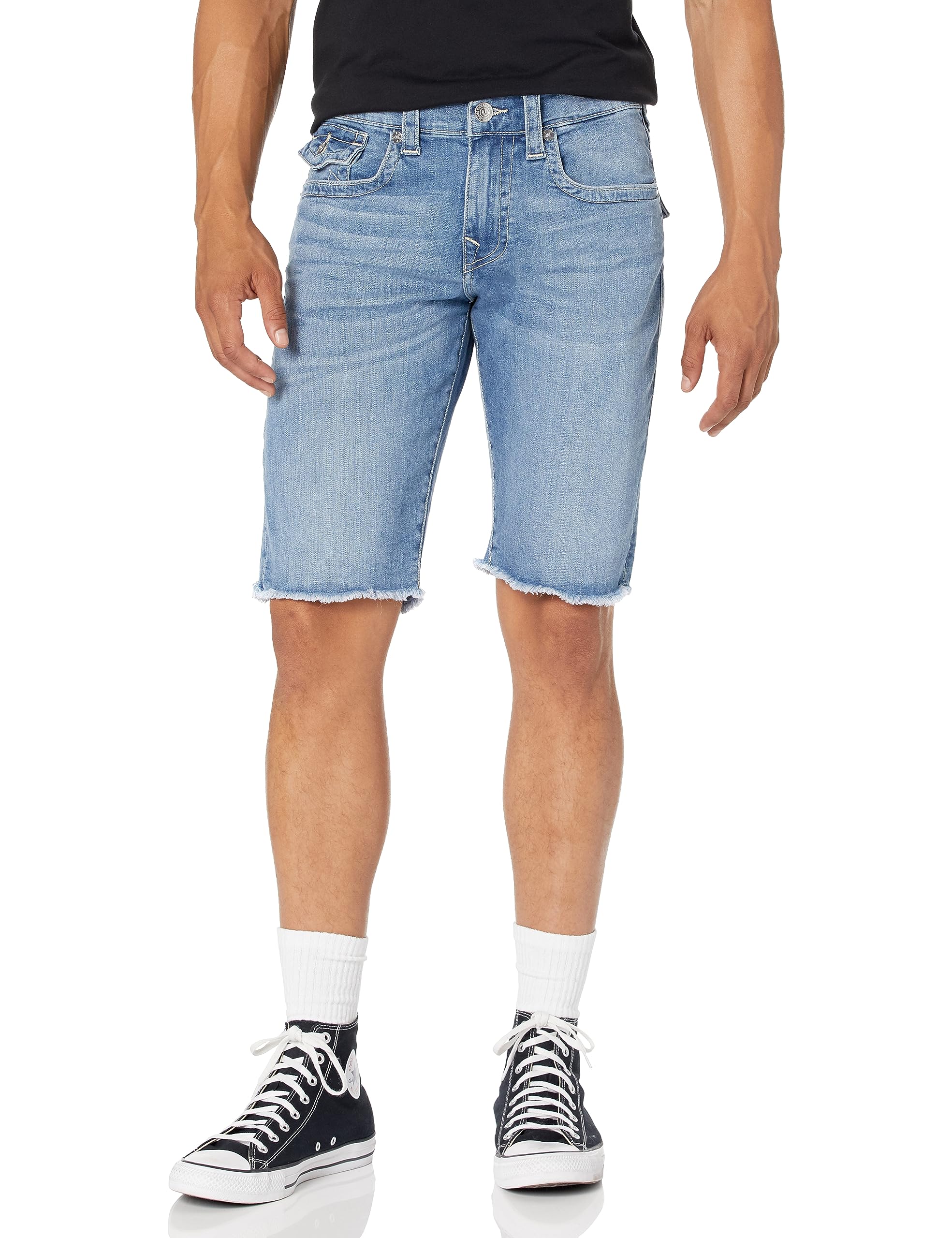 True Religion Men's Ricky Raw Edge Denim Shorts with Flap Pocket | Distressed Casual Shorts for Summer | Perfect for Beach, Streetwear & Outdoor Activities