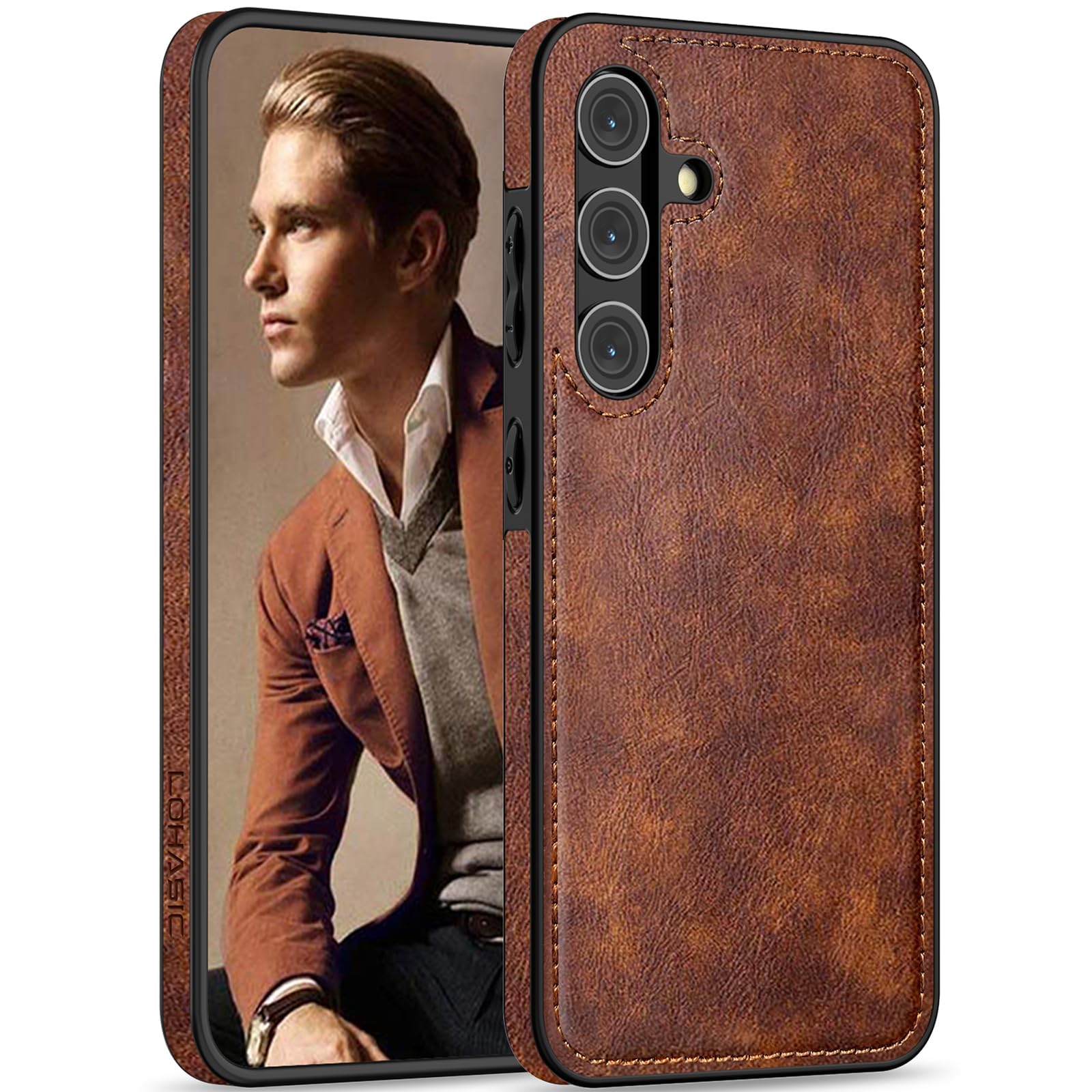 Premium Leather Luxury Business PU Case for Samsung Galaxy S24+ Plus 5G (6.7 inch 2024) - Shockproof Non-Slip Grip Full Body Protective Cover - Brown - Perfect for Office, Travel & Daily Use
