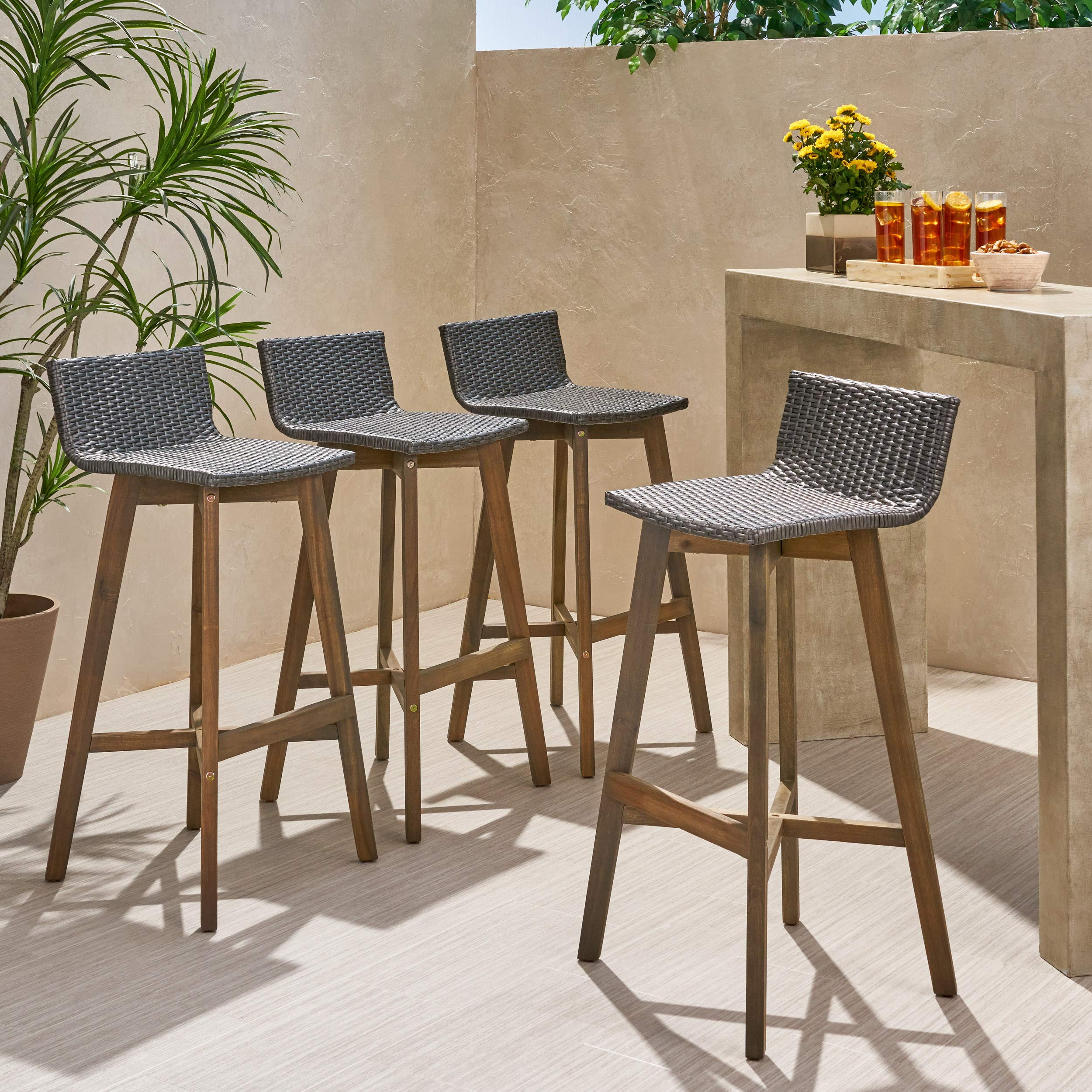 GDFStudio 4-Piece Gray Outdoor Wood & Wicker Bar Stools Set - Weather-Resistant Patio, Poolside & Garden Furniture for Backyard, Deck & Outdoor Dining