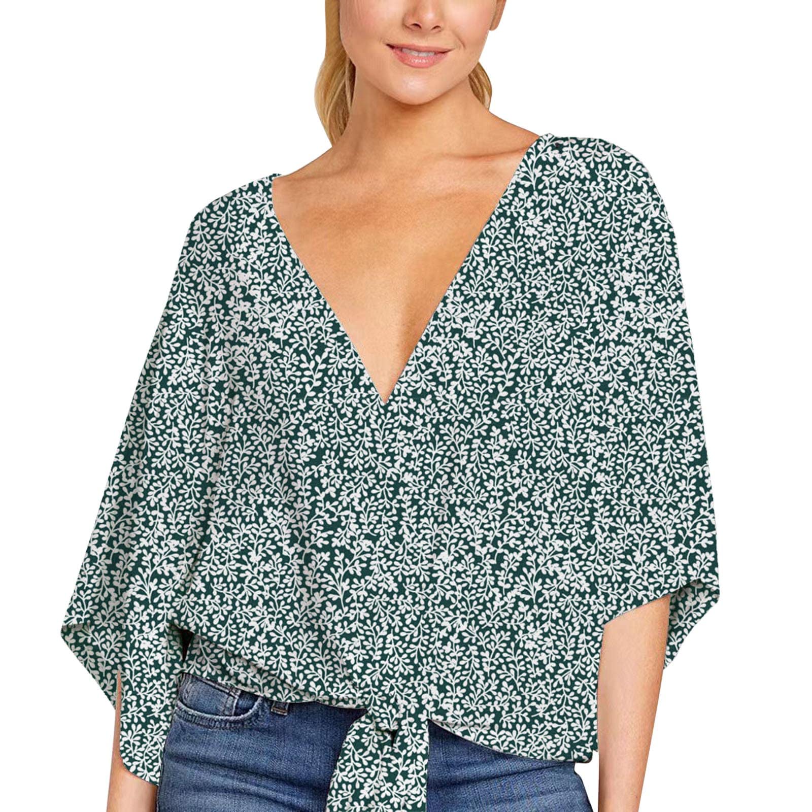 Women's Boho Floral Print V-Neck Tie Knot Front Batwing Short Sleeve Blouse - Summer Casual Tops for Beach, Vacation & Everyday Wear