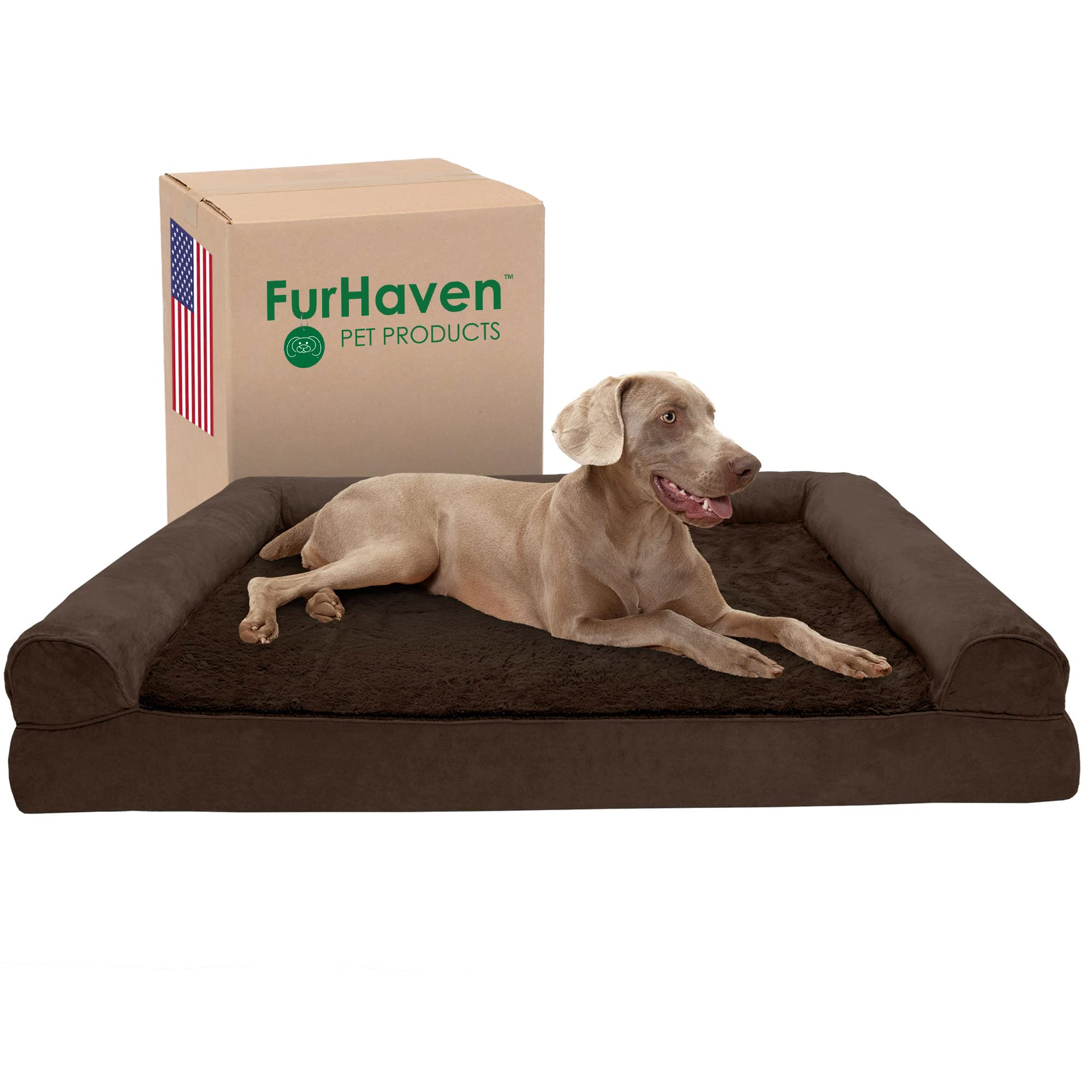 Furhaven Cooling Gel Dog Bed for Large Dogs up to 125 lbs - Removable Bolsters & Washable Cover - Plush & Suede Sofa in Espresso - Jumbo Plus/XXL Size - Perfect for Hot Weather & Joint Pain Relief - Great for Living Room, Bedroom or Kennel Use