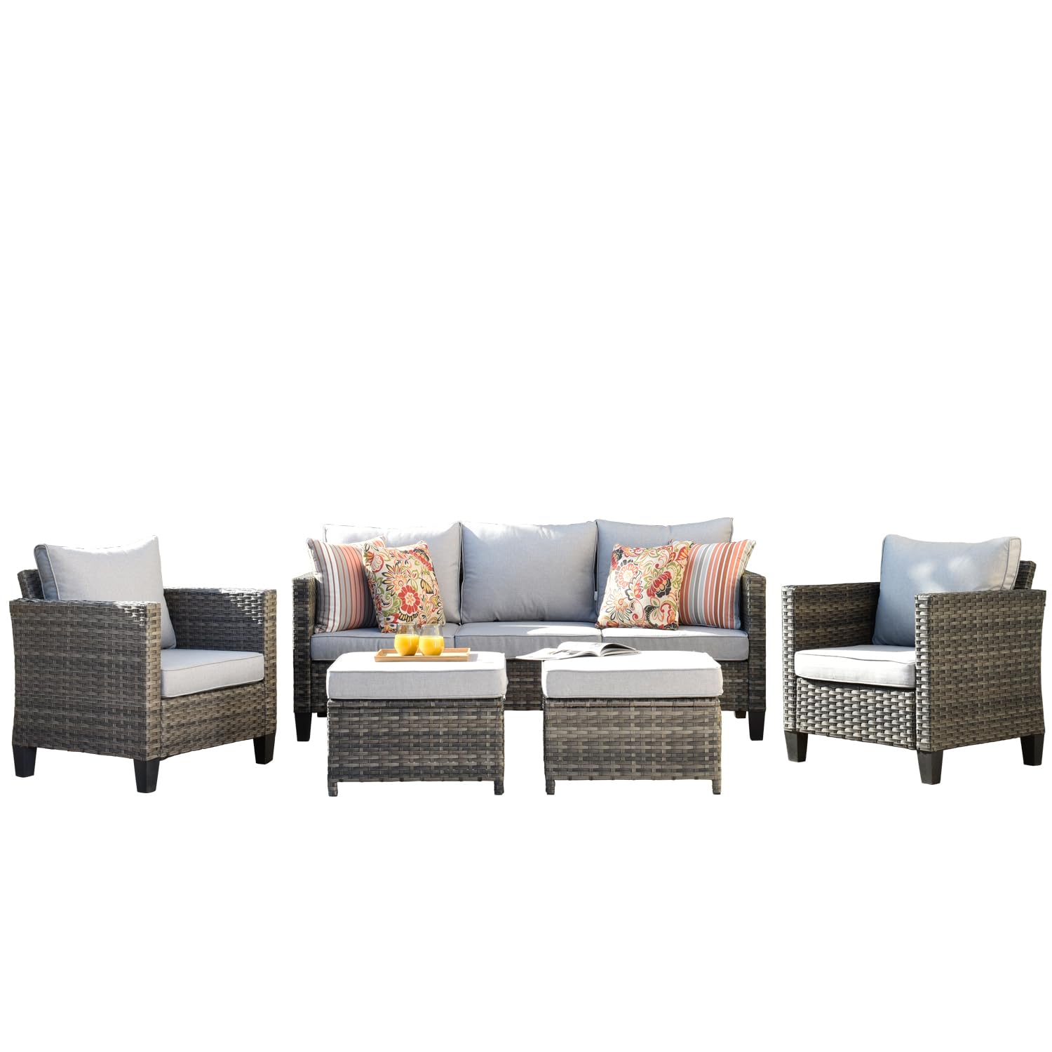 5-Piece OVIOS Patio Furniture Set - Outdoor Wicker Rattan Sofa with Ottomans & Cushions - All-Weather High Back Conversation Set for Backyard, Porch, Garden (Grey) - Perfect for Outdoor Relaxation & Entertaining