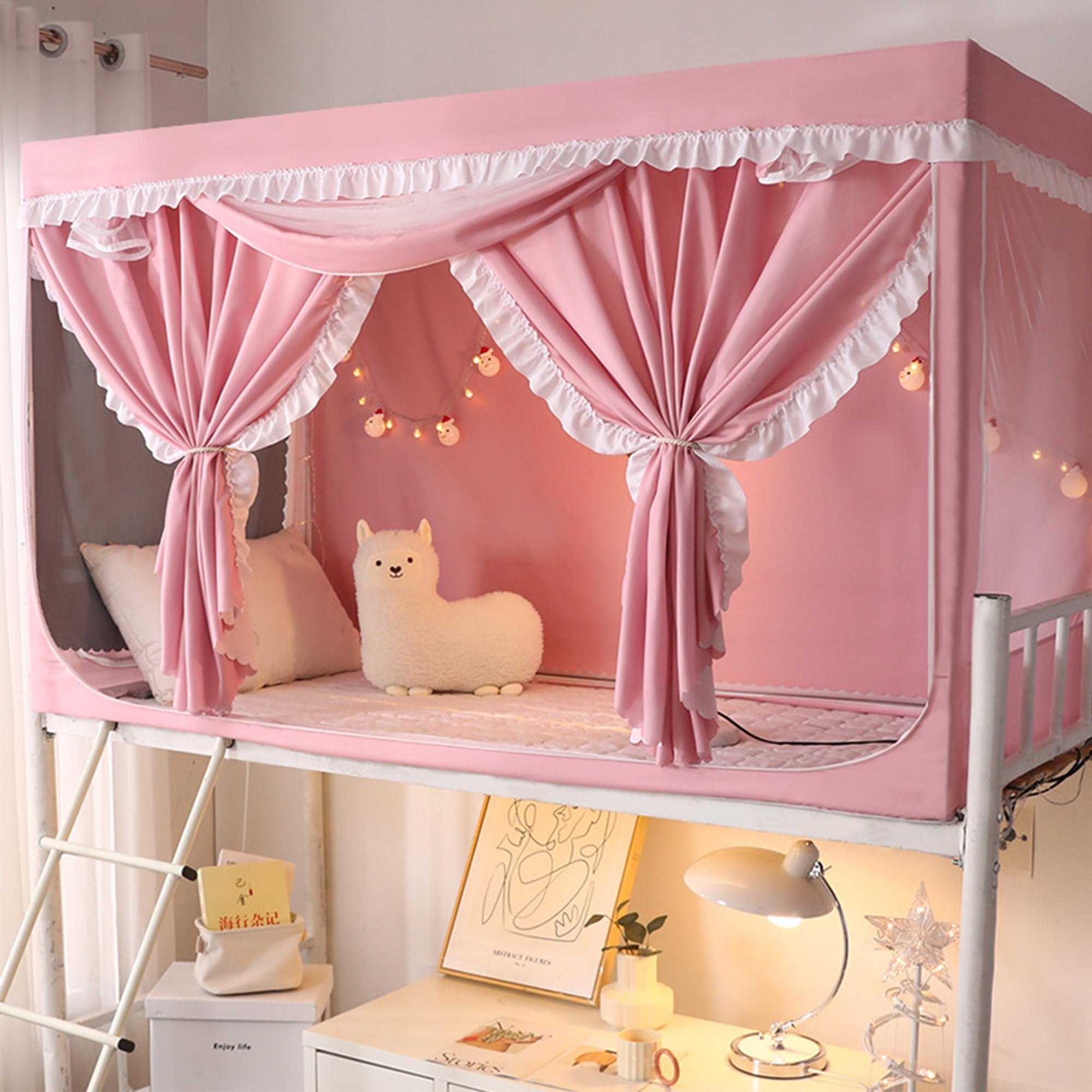 **Princess Style Bunk Bed Tent for Twin Size Top Bunk - Breathable Lace Dream Tent with Blackout Curtains, Sleep Privacy Bed Canopy for Kids, Teens & College Dorm (Pink, 75