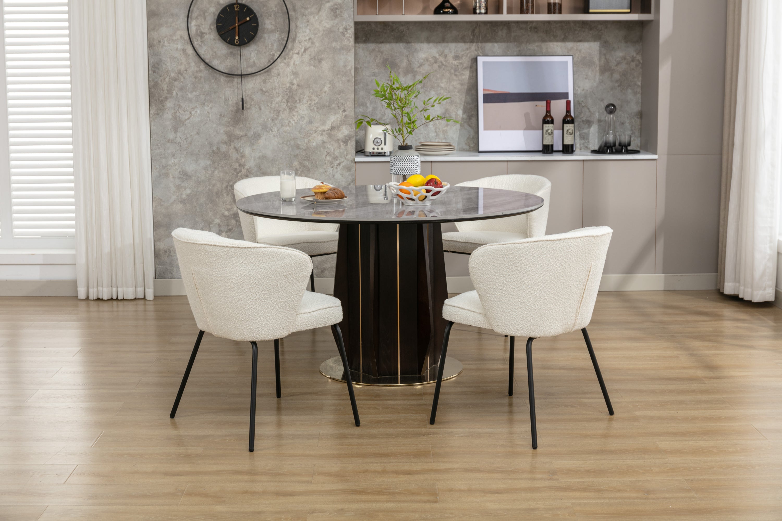 Boucle Fabric Dining Chairs Set of 2 with Black Metal Legs in Ivory - Modern Comfortable Kitchen & Dining Room Seating for Home & Office