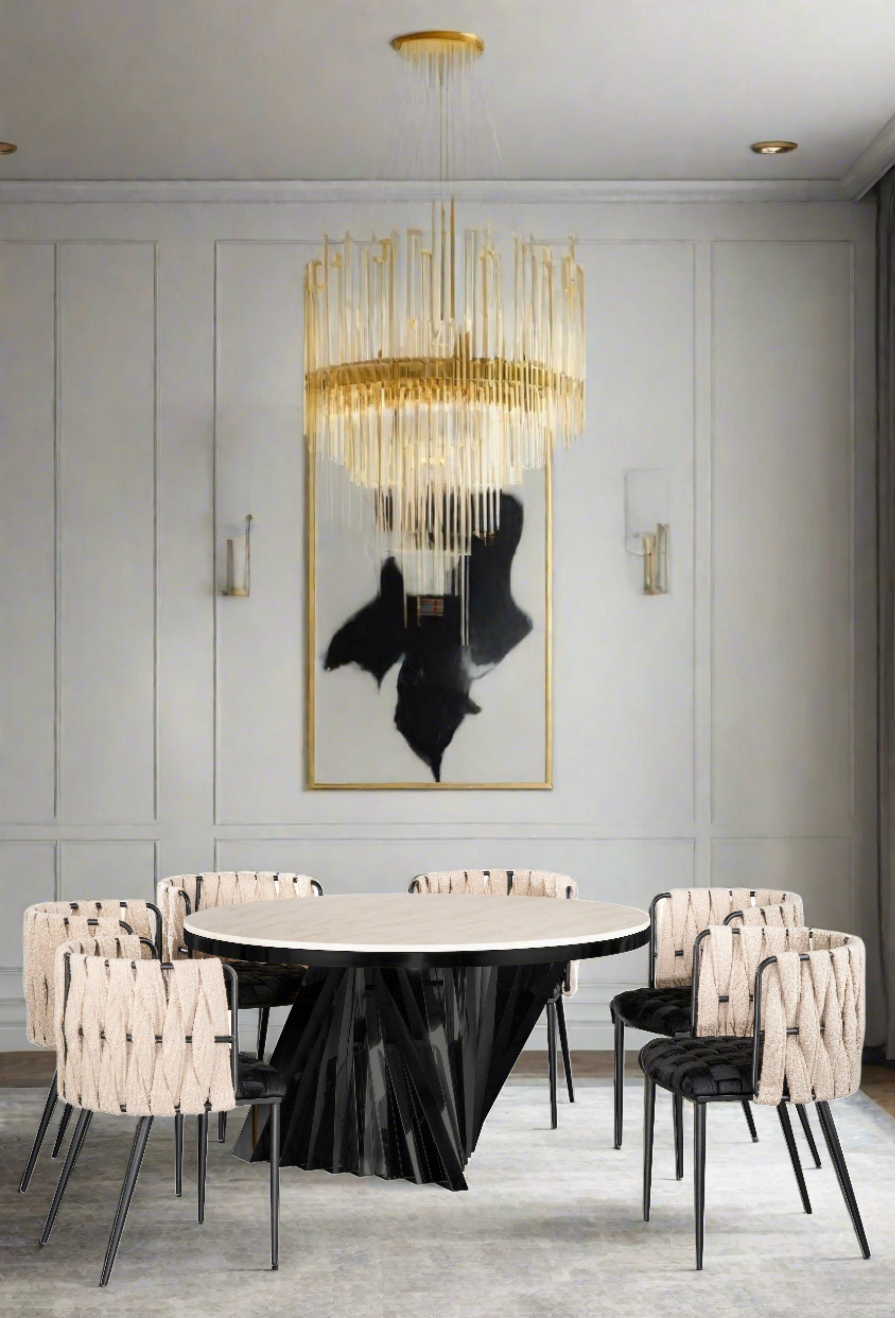 Round Black Waterfall Dining Table Set for 6 with Black & White Chairs - Perfect for Family Dinners & Entertaining Guests