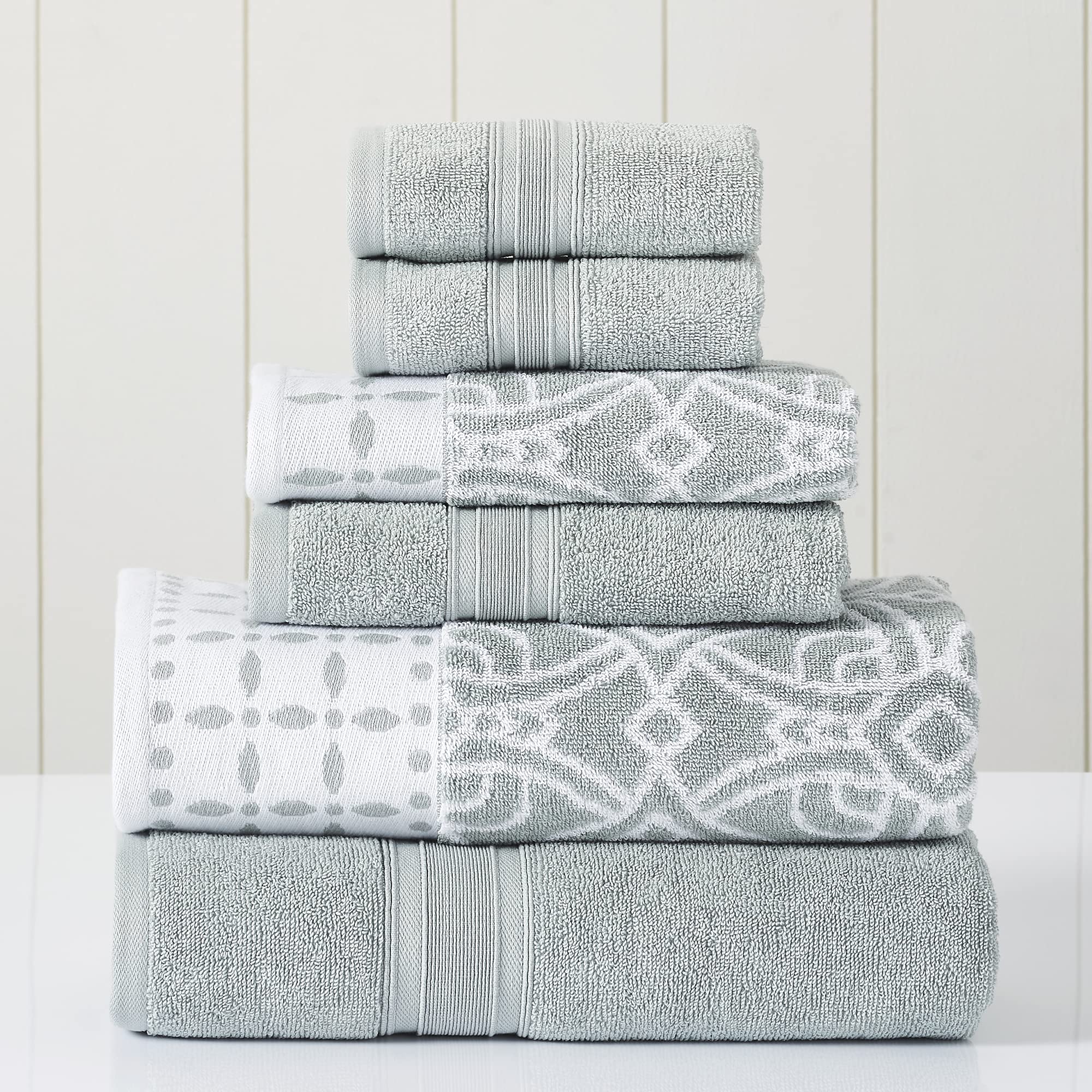Premium 6-Piece Bath Towel Set - 2 Bath Towels, 2 Hand Towels & 2 Washcloths | Yarn-Dyed Jacquard & Solid Design in Monroe Dark Sage | Luxury Soft & Absorbent for Spa, Bathroom & Guest Use