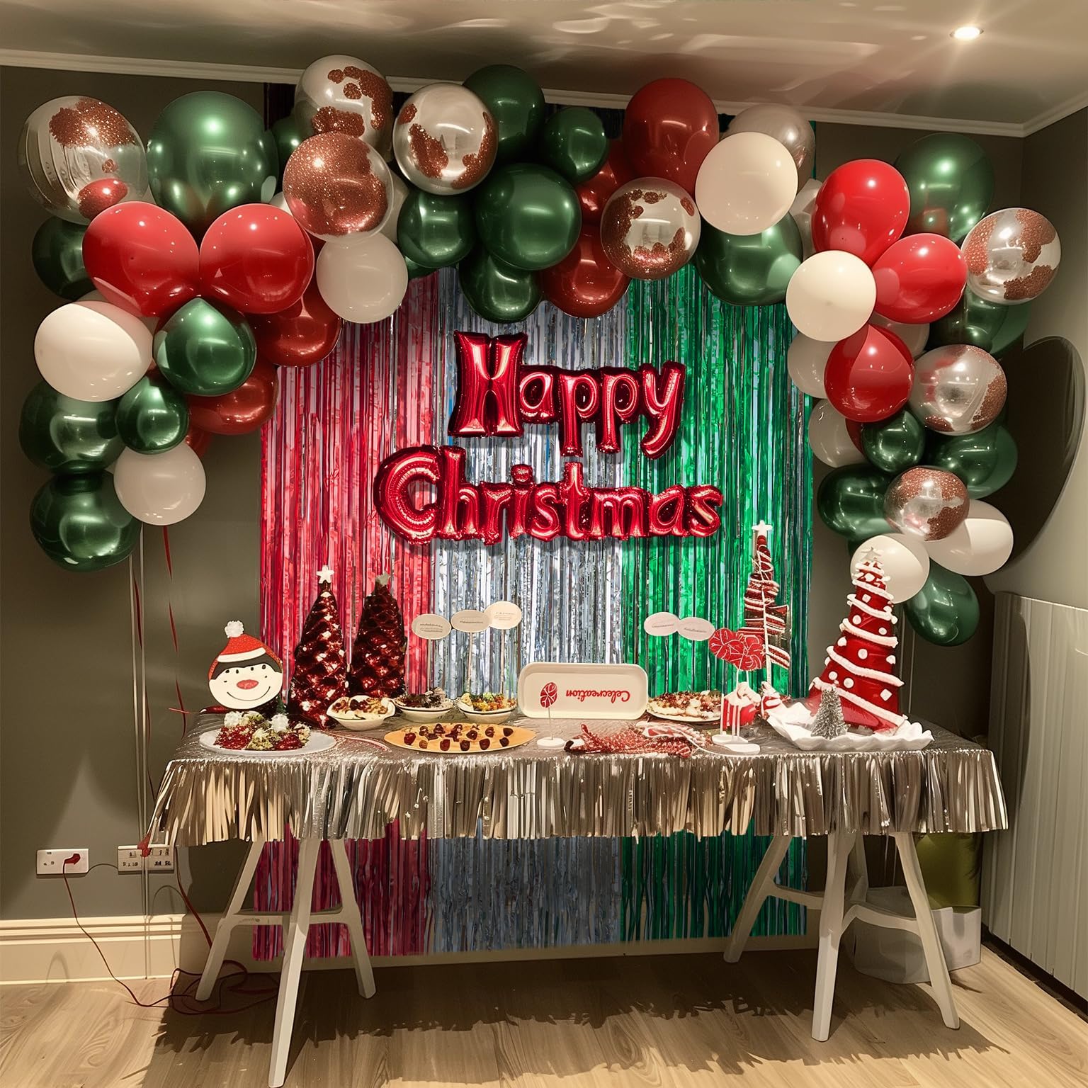 2 Pack 3.2ft x 8.2ft Christmas Foil Fringe Curtain - Metallic Tinsel Backdrop, Green Red Silver Party Decorations for Wall Hanging, Indoor Holiday Party Decor, Xmas Photo Booth & Home Decoration