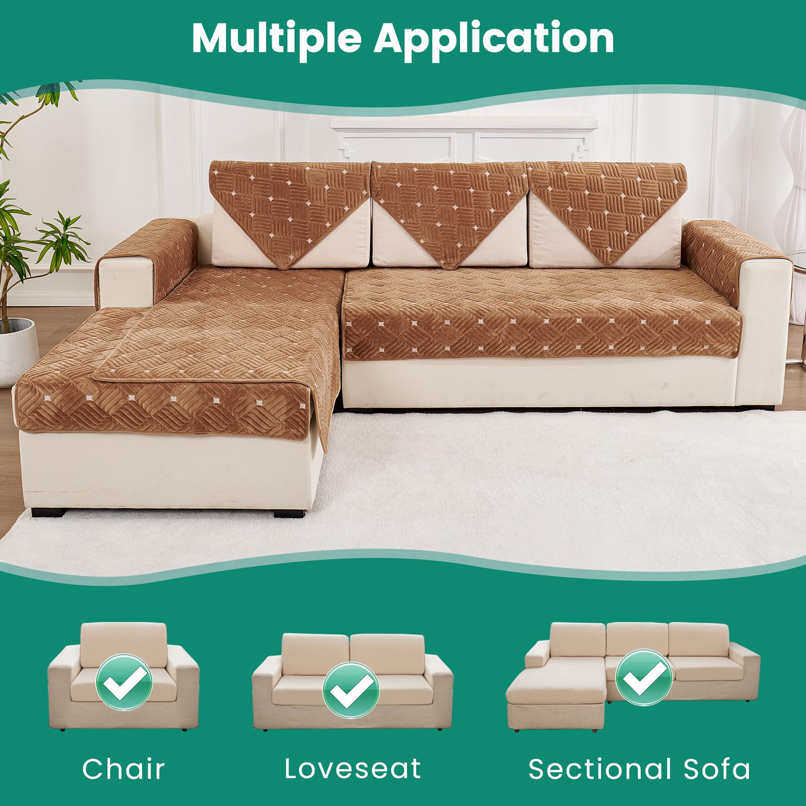 TEWENE Velvet L-Shaped Armrest Couch Cover - Anti-Slip Sectional Sofa Protector for Pets (2-Piece Set, 28