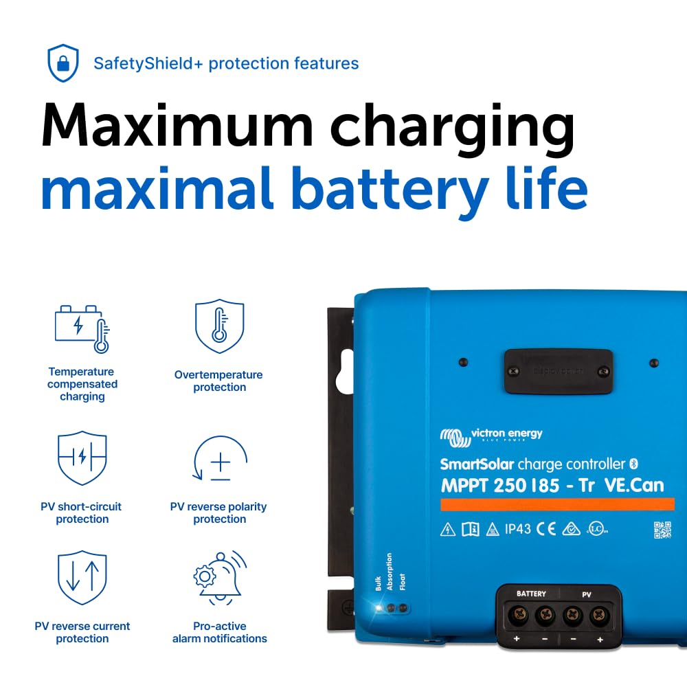 Victron Energy SmartSolar MPPT 250V 85A Solar Charge Controller with Bluetooth - 12/24/36/48V Auto Voltage - Perfect for Off-Grid Solar Systems, RVs, Boats & Home Solar Panel Charging