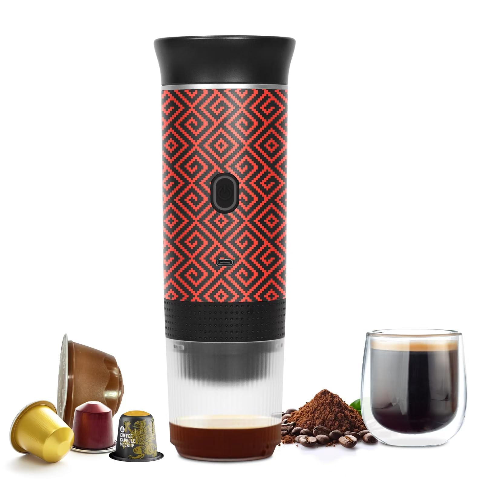 Portable Coffee Maker for Travel & Camping - Battery Powered Electric Espresso Machine with Self Heating, Works with Ground Coffee & Capsules - Perfect for RV, Hiking, Office & Outdoor Adventures (Red & Black)