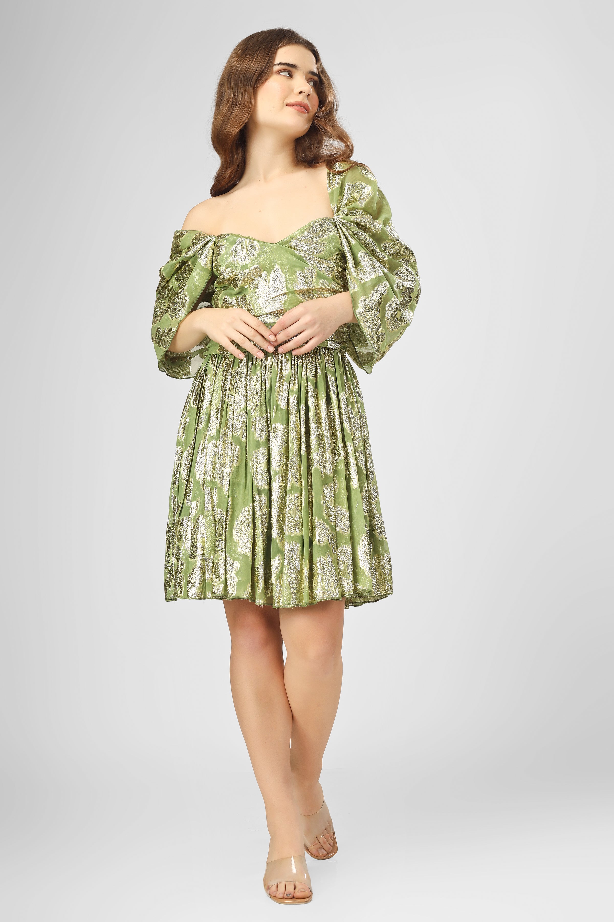 Sydney Metallic Printed Mini Dress in Olive Green - Women's Fashion Party Cocktail Dress for Night Out, Date Night, and Special Occasions