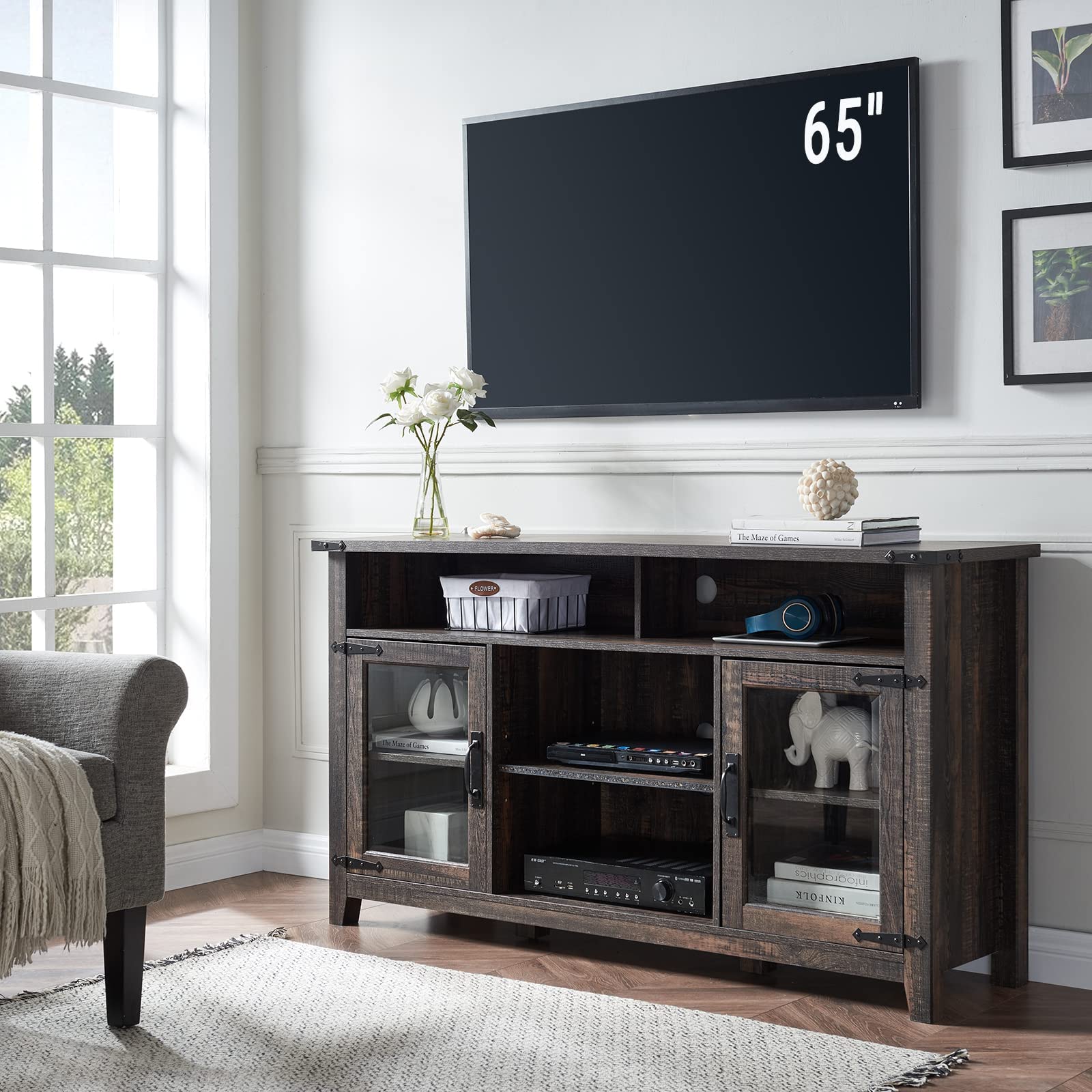 Rustic Farmhouse TV Stand for 65 Inch TV - Solid Wood Entertainment Center with Glass Storage Cabinets & Open Shelves - Tall Media Console Table for Living Room (Dark Rustic Oak) - Perfect for Home Theater Setup & Living Room Organization