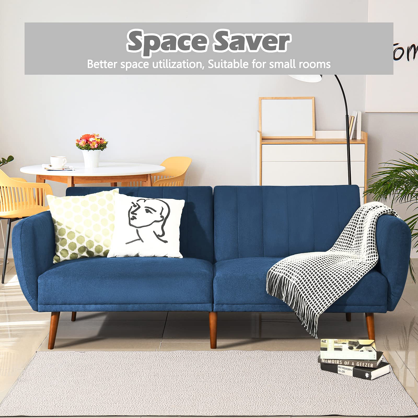 POWERSTONE Convertible Futon Sofa Bed - Modern Sleeper Sofa with Adjustable Backrest & Armrests, Navy Fabric Couch for Living Room, Office, Guest Room | Space-Saving Multi-Functional Furniture for Small Apartments & Home Decor