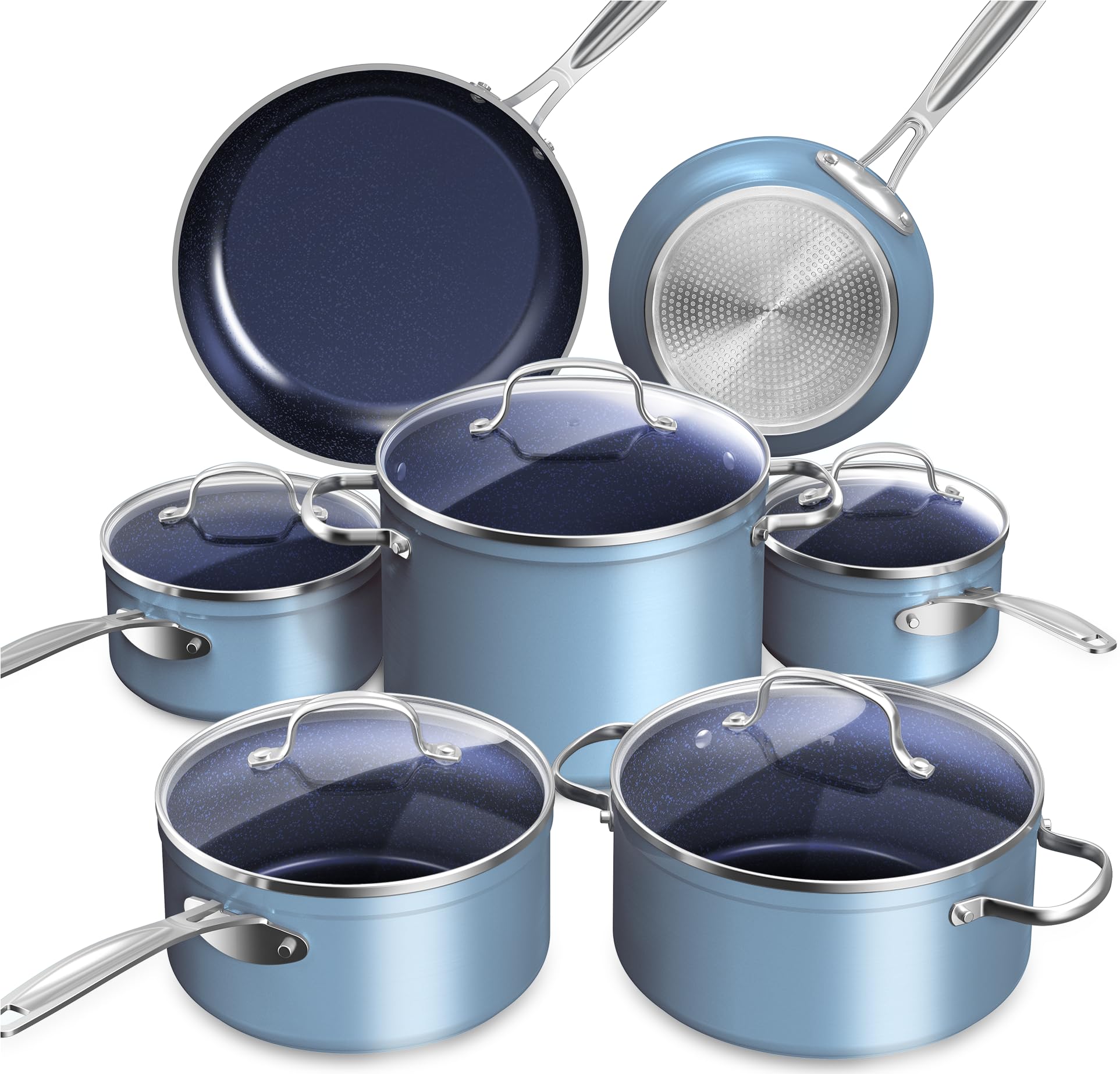Nuwave Healthy Duralon Blue Ceramic Nonstick Cookware Set - Diamond Infused Scratch-Resistant PFAS-Free Pots & Pans | Dishwasher & Oven Safe | Induction Compatible with Even Heating | Tempered Glass Lids & Stay-Cool Handles | Perfect for Healthy Cooking, Frying & Baking at Home