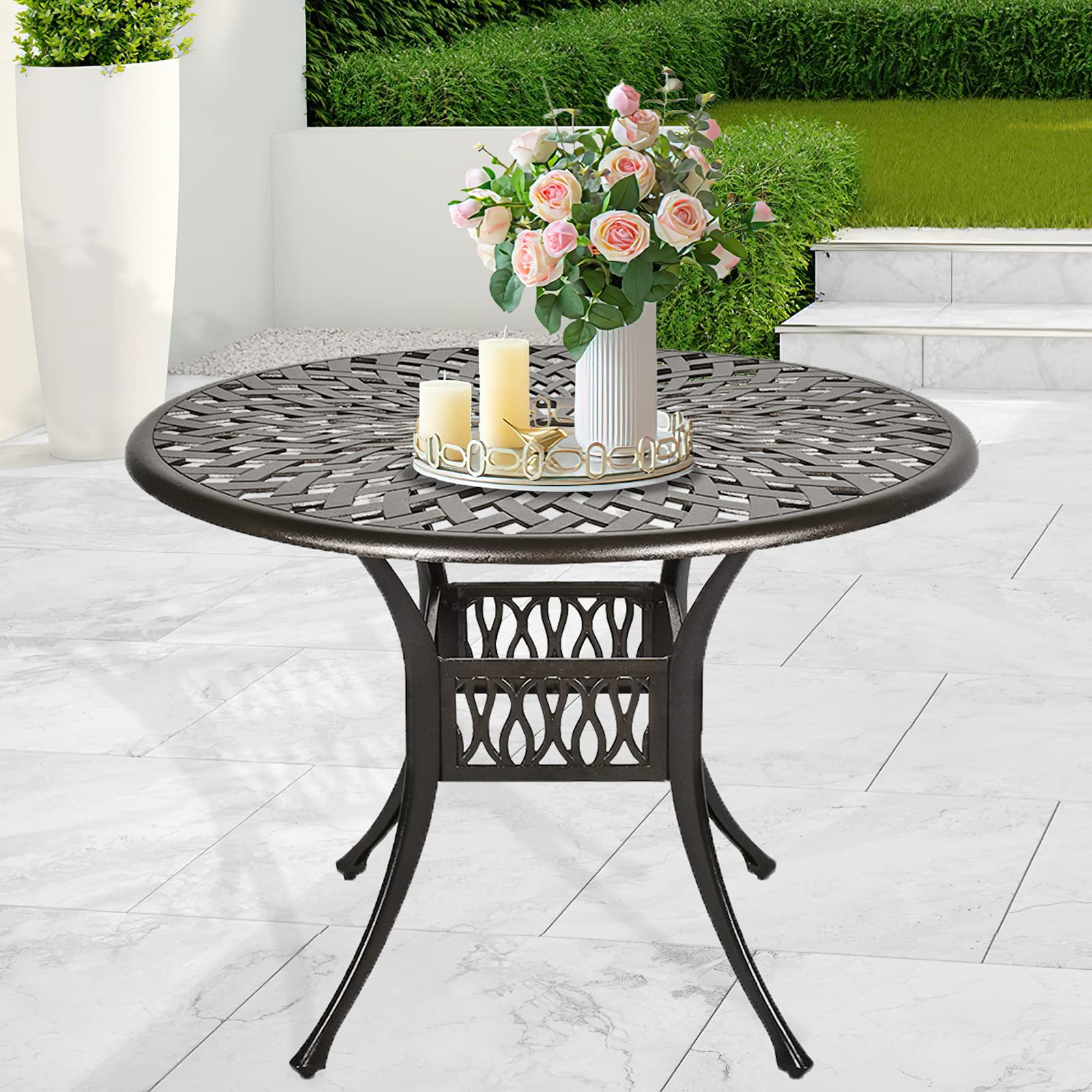 41 Inch Round Cast Aluminum Outdoor Patio Side Table - Durable Metal Bistro Pub Dining Table with 2.4