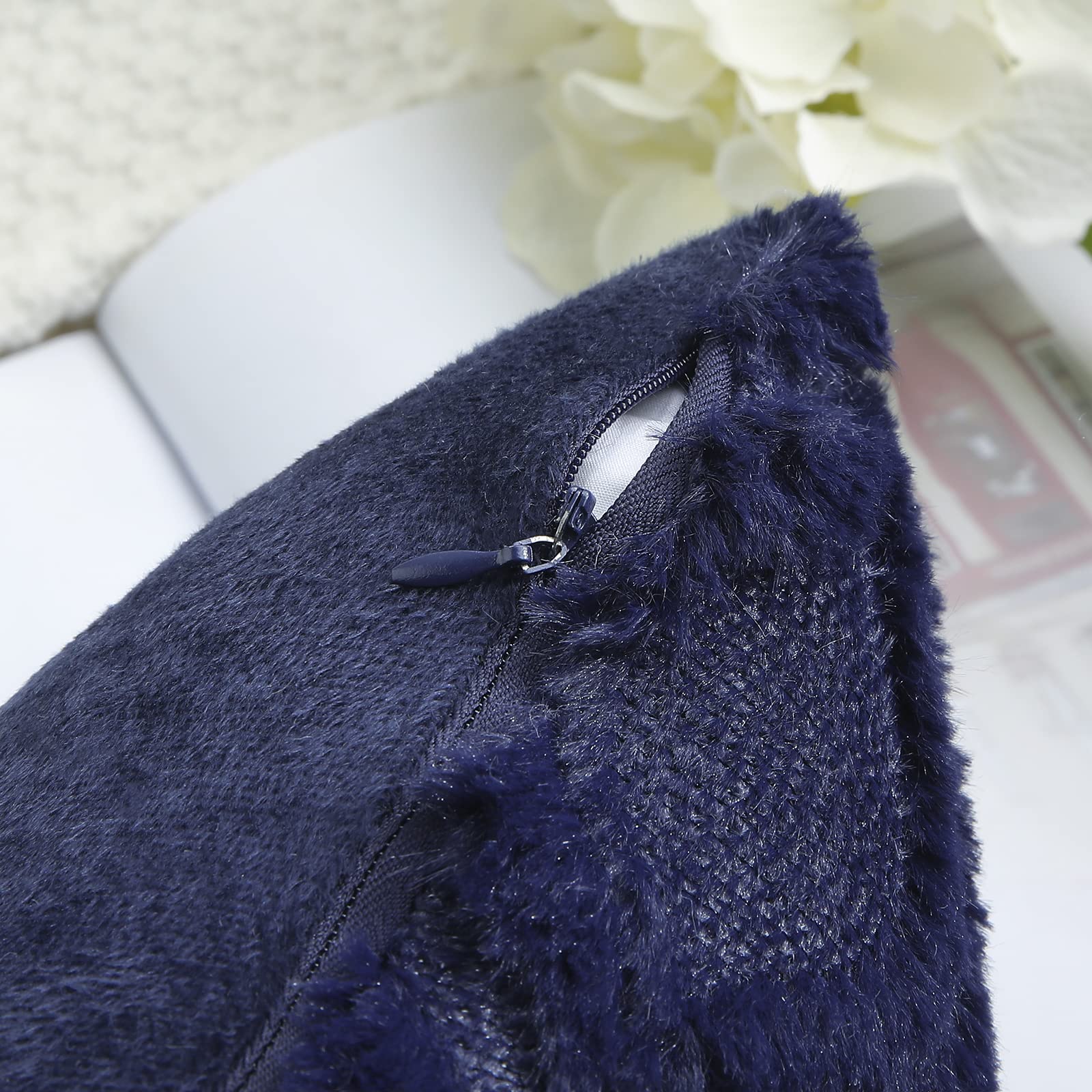 Premium 20x20 Inch Navy Blue Faux Wool Throw Pillow Covers Set of 2 - Soft Plush Decorative Couch Pillow Cases for Sofa, Bed, Living Room - Home Decor Accent Pillows for Cozy Winter & Spring Home Styling