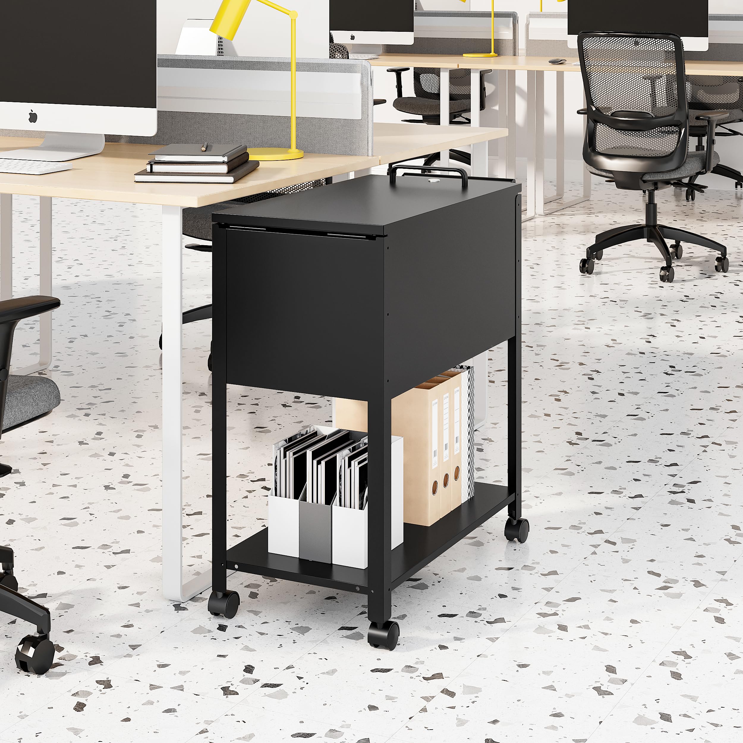 2-Tier Mobile File Cabinet with Wheels - Lockable Rolling Cart for Hanging Files, A4/Letter/Legal Size Documents - Black Office Organizer for Home & Office Workspaces