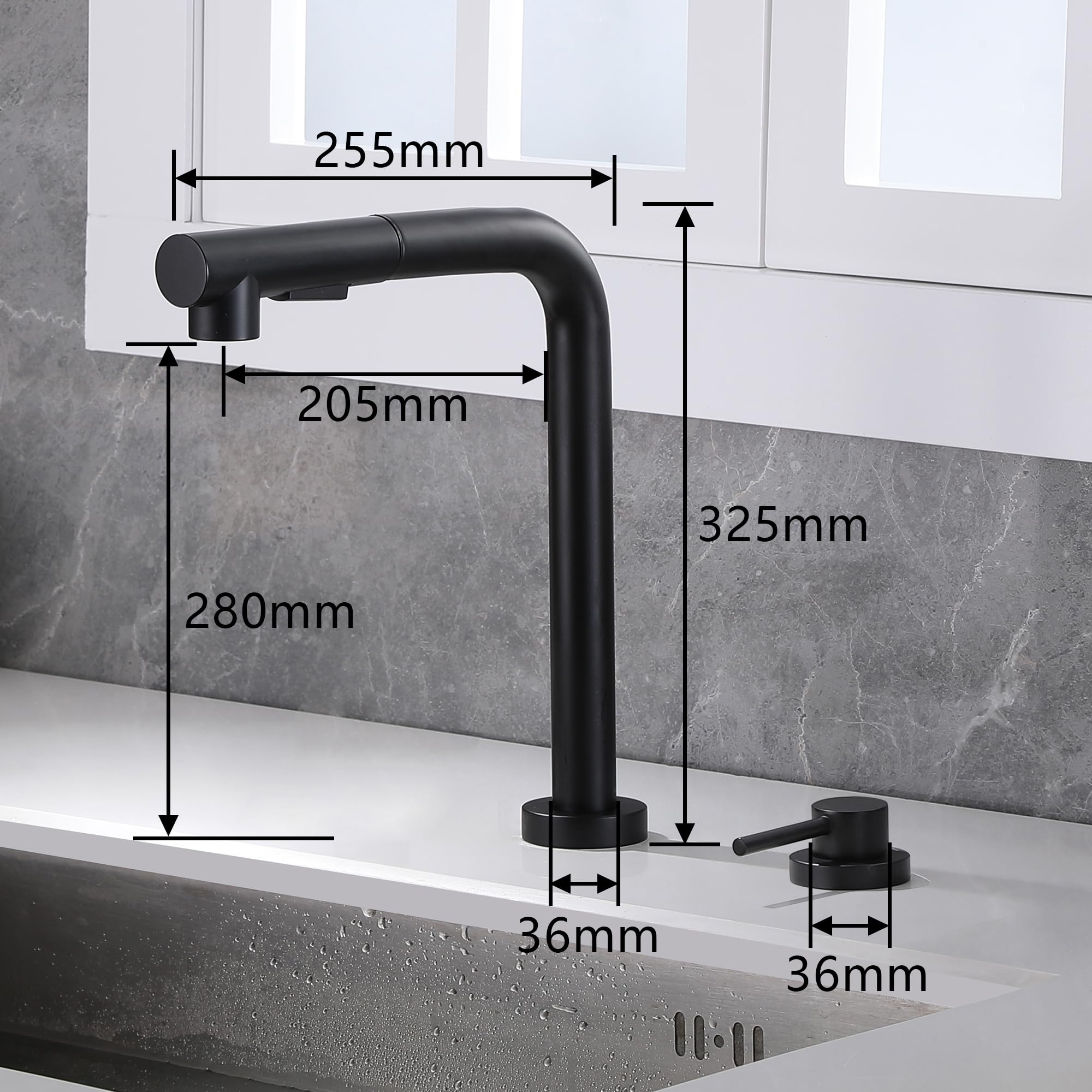 Sumerain Black 2-Hole Kitchen Sink Faucet with Pull-Out Sprayer and Single Handle - Modern Side Spray Design for Easy Dishwashing and Food Prep