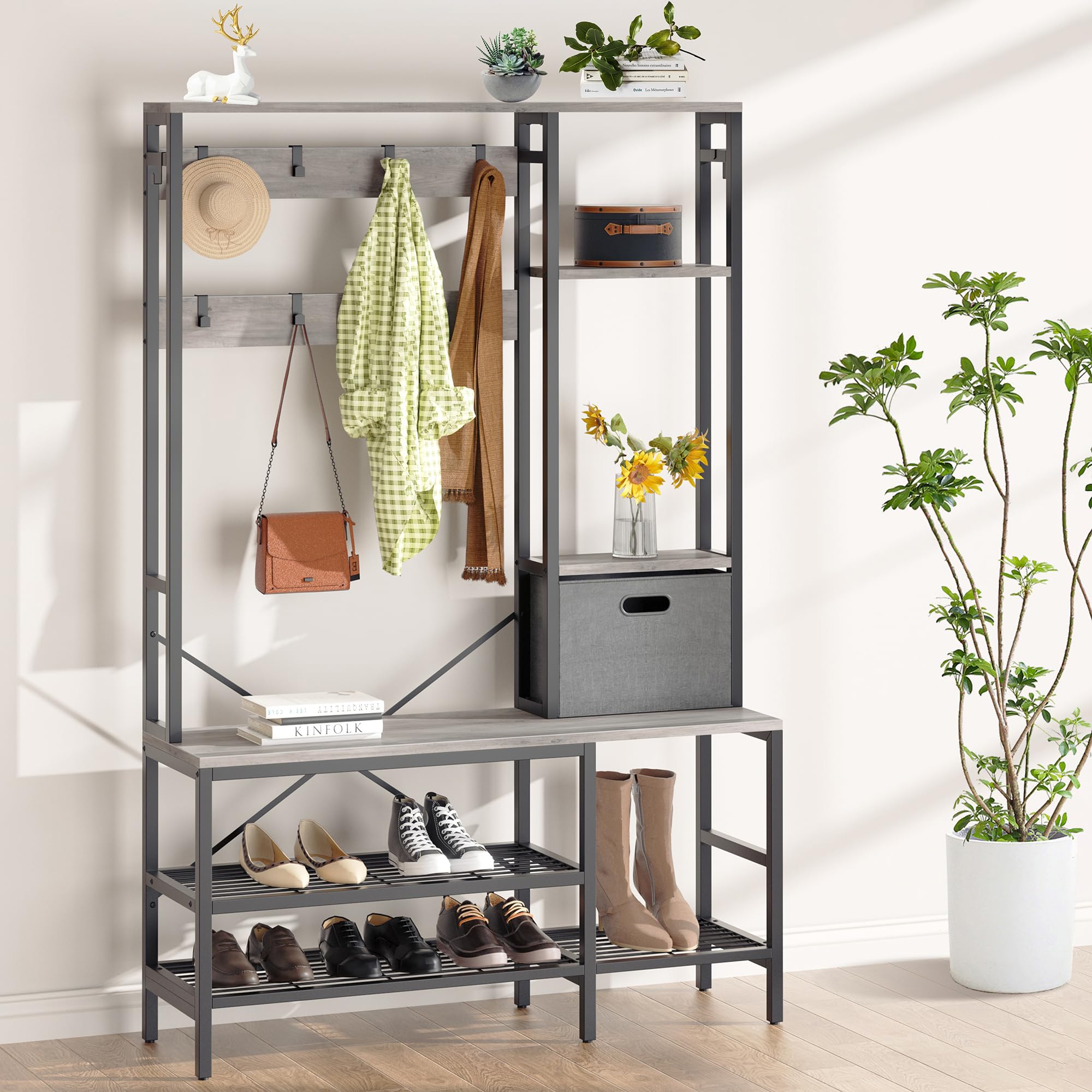 Meilocar 5-in-1 LED Hall Tree with Bench - Free Standing Coat Rack with Shoe Storage, Fabric Baskets & Side Hooks - Perfect for Entryway, Foyer, Mudroom & Home Organization (Gray)
