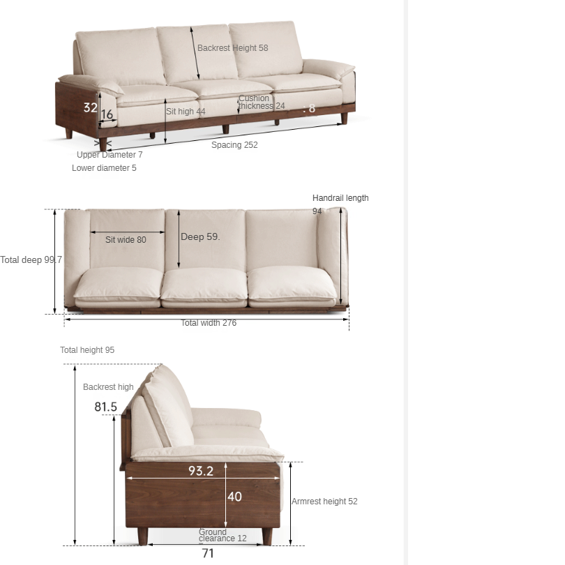 Premium Black Walnut & Ash Solid Wood High Back Sofa - Modern Farmhouse Living Room Furniture for Comfortable Seating & Relaxation - Perfect for Home, Office, or Lounge Areas