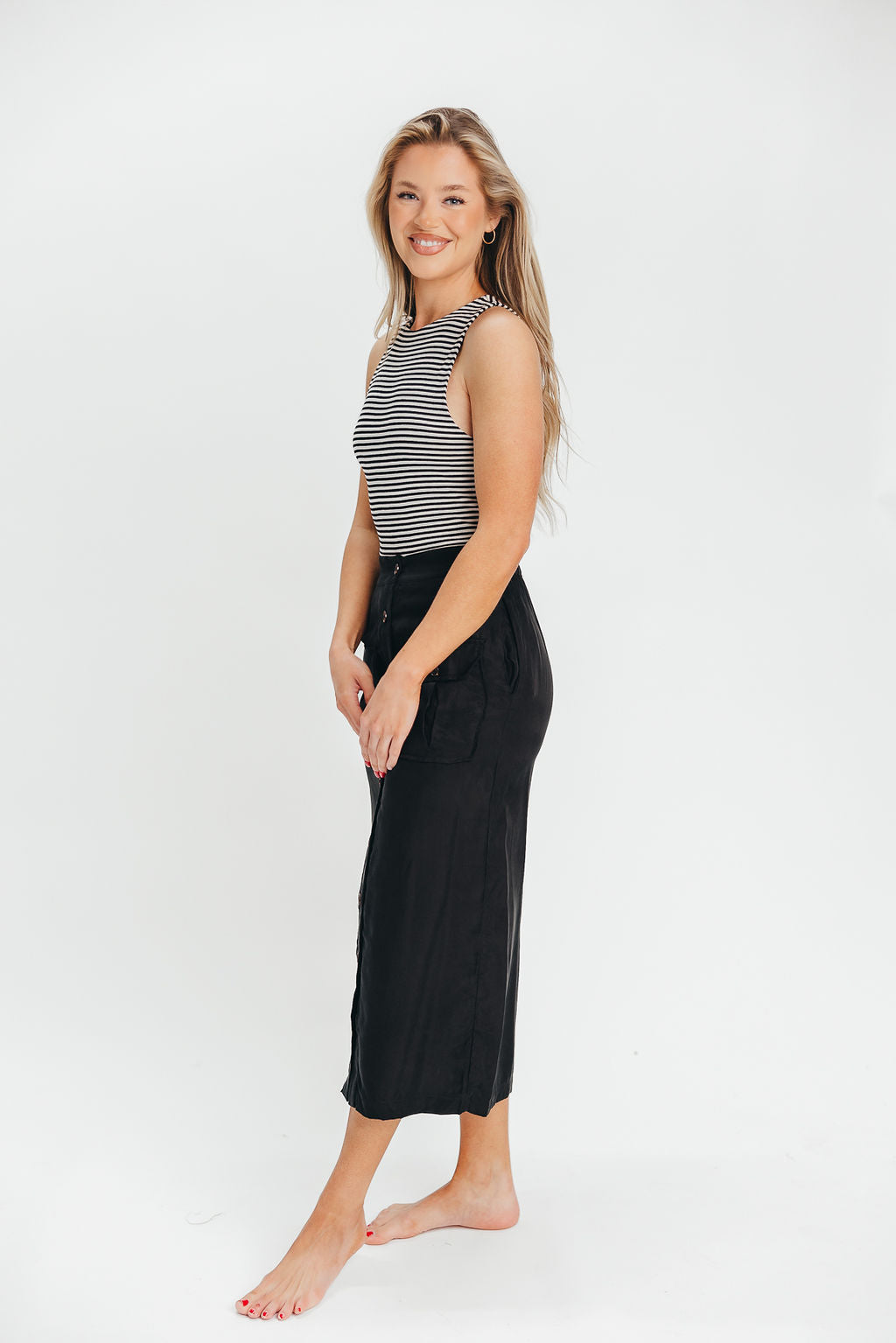 Better Days Black Button Down Midi Cargo Skirt - Women's Casual Streetwear Skirt for Everyday Wear, Work & Outdoor Adventures