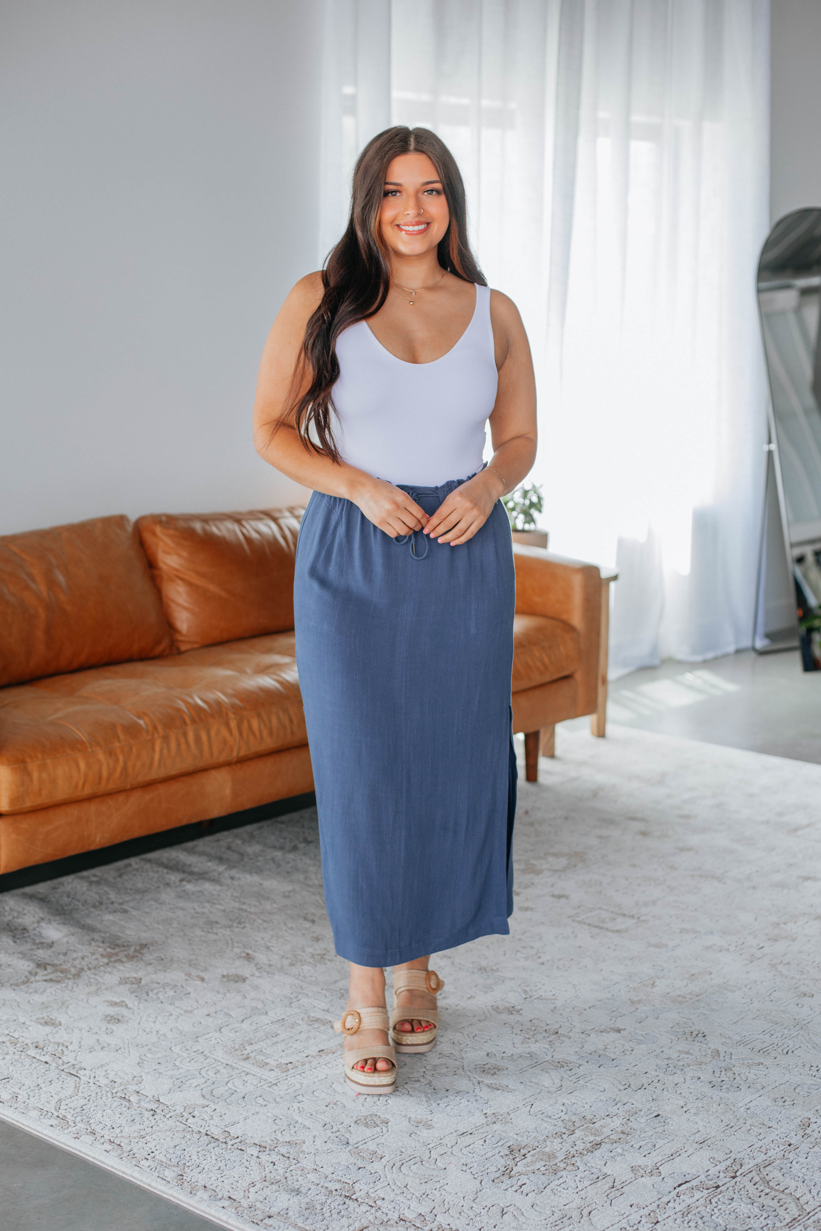 Emeline Midi Skirt for Women - Steel Blue Flowy A-Line Skirt with Pockets | Perfect for Office, Date Night & Summer Outfits
