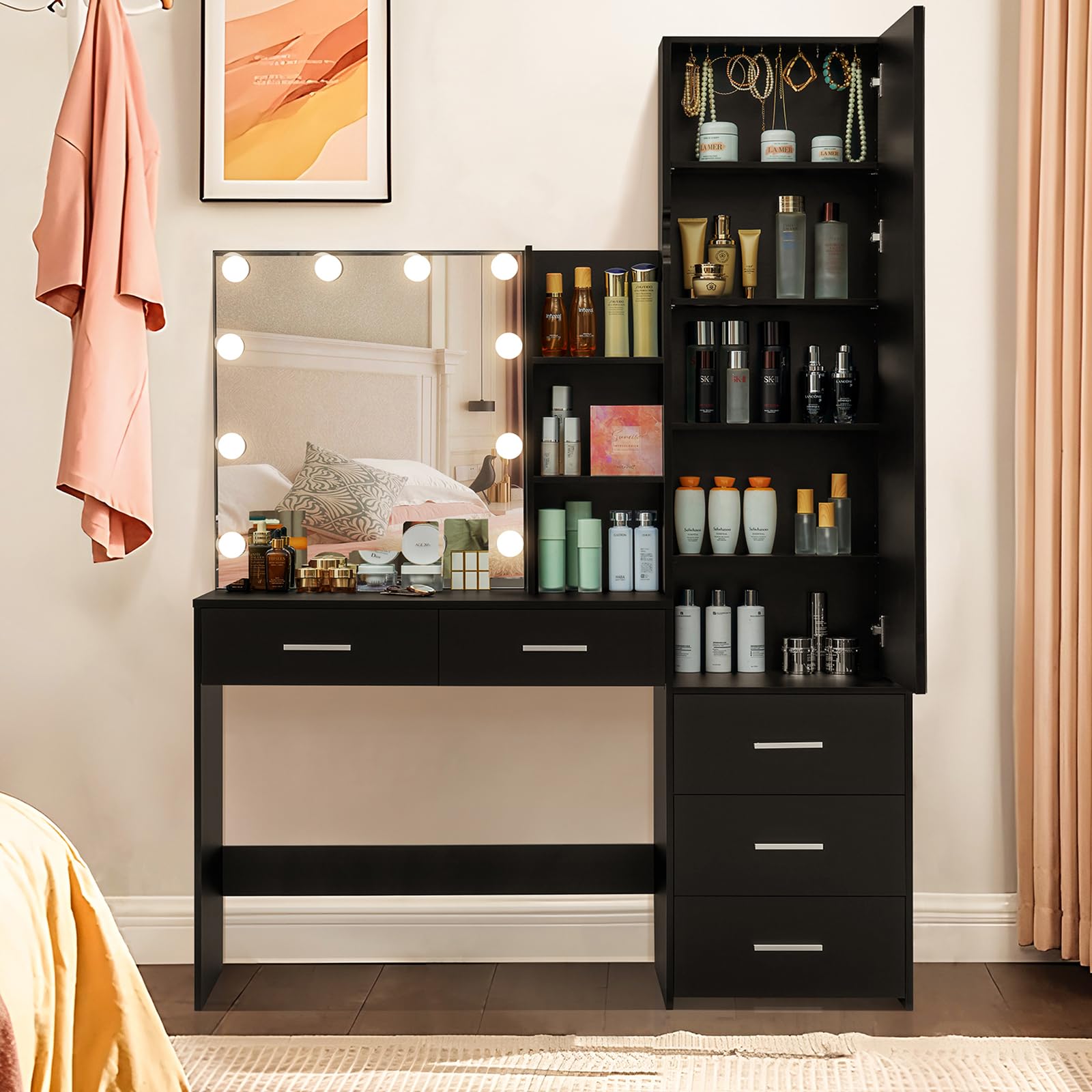 USIKEY Vanity Desk with Full-Length Mirror & LED Lights - Makeup Dressing Table with Jewelry Cabinet, 2 Drawers & 2 Shelves - Elegant Black Vanity Set for Women & Girls - Perfect for Bedroom, Dorm Room or Dressing Area