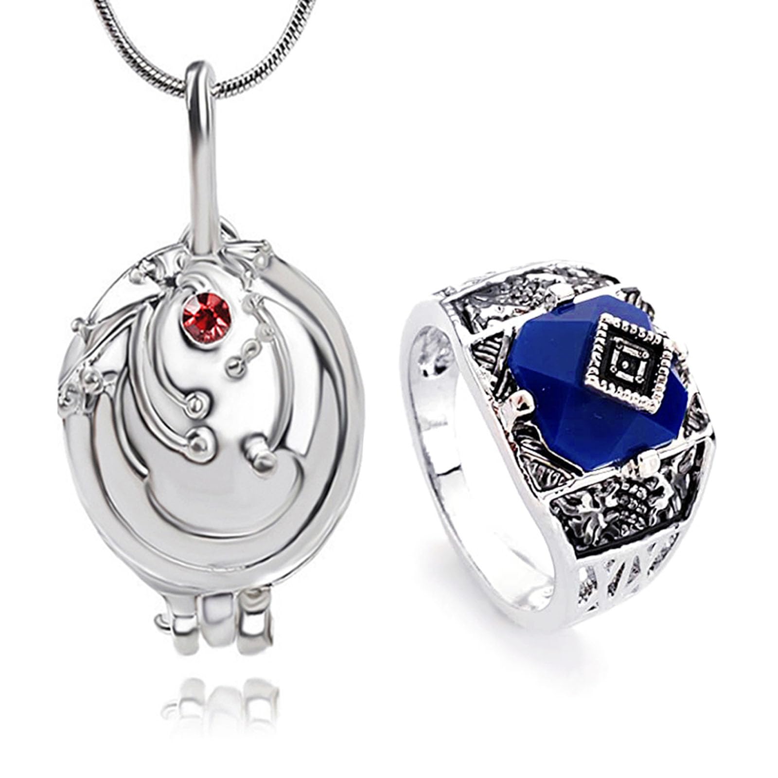 Elena Gilbert Vampire Jewelry Set - Vervain Locket Pendant Necklace & Daylight Signet Ring for Cosplay Fans (12pcs Stickers Included) | Perfect for Halloween Costumes, TVD Themed Parties & Vampire Diaries Collectors