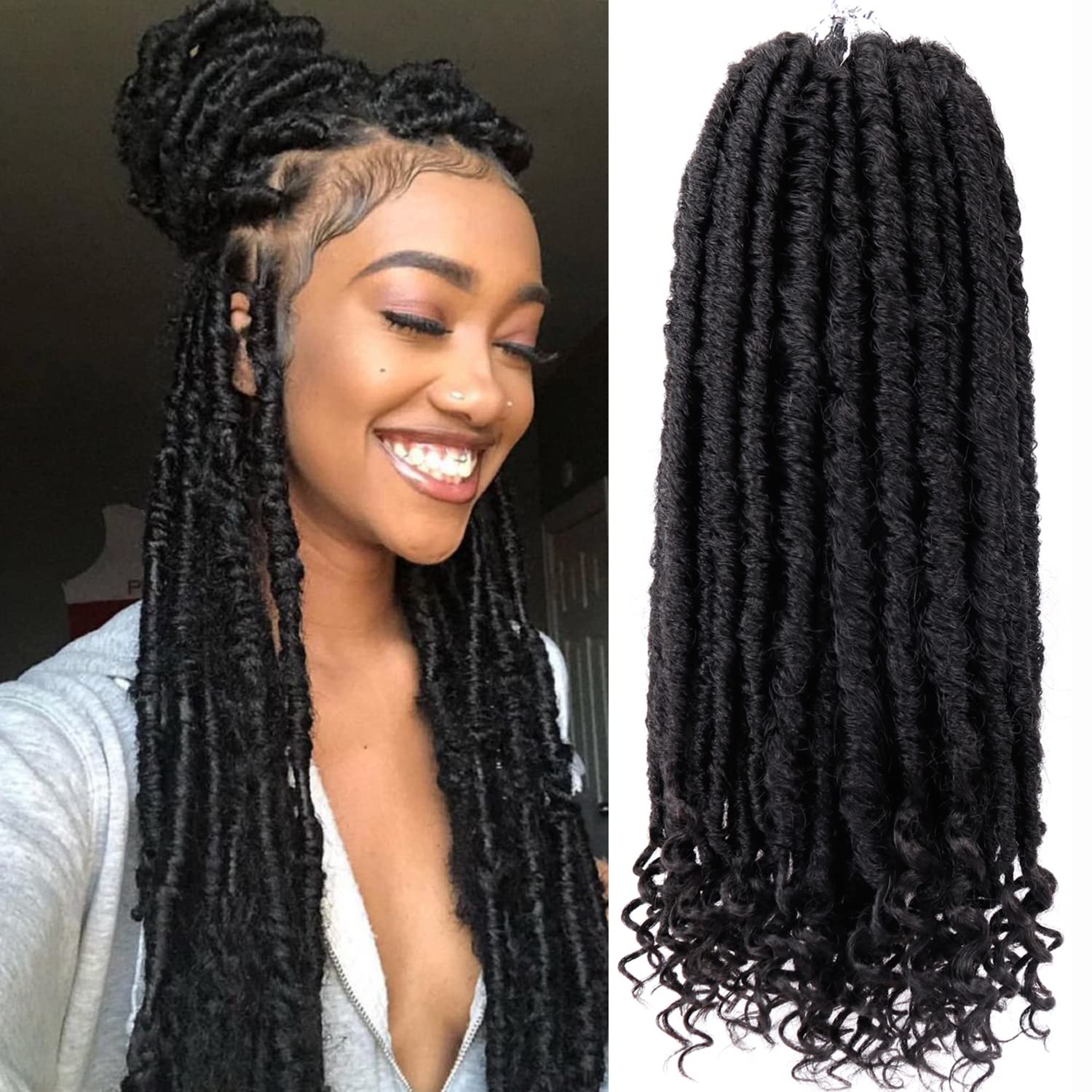 Goddess Locs Crochet Hair 16 Inch Straight Faux Locs - 6 Packs Soft Synthetic Braiding Hair Extensions for Black Women, Pre-Looped Curly Style, 1B# - Perfect for Everyday Wear, Parties, and Special Occasions