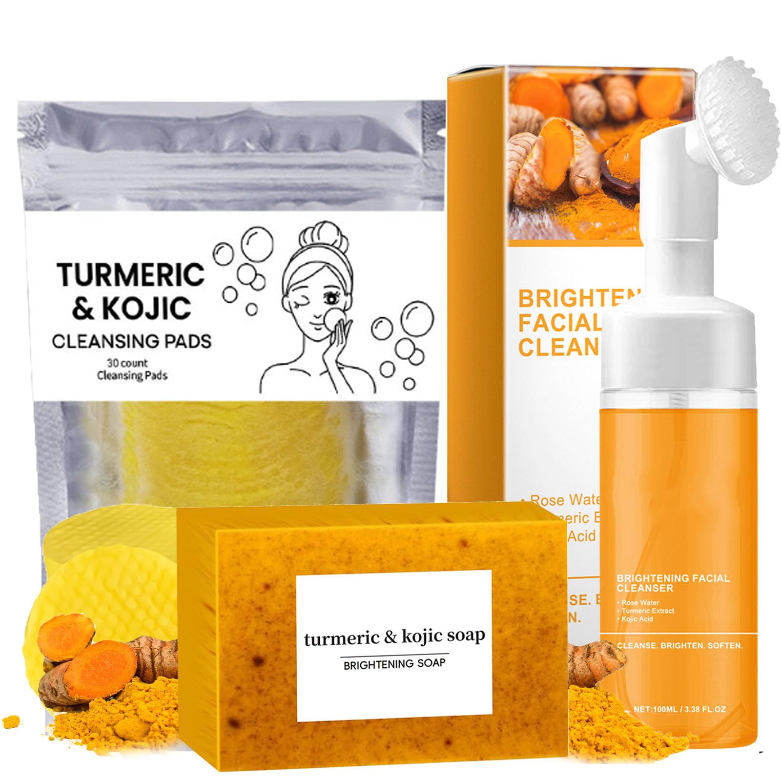Turmeric Trio Skincare Set: Facial Wash, Cleansing Mousse & Soap with Exfoliating Pads - Natural Brightening & Acne Treatment for Face & Body - Perfect for Daily Cleansing Routine & Spa Day Self-Care