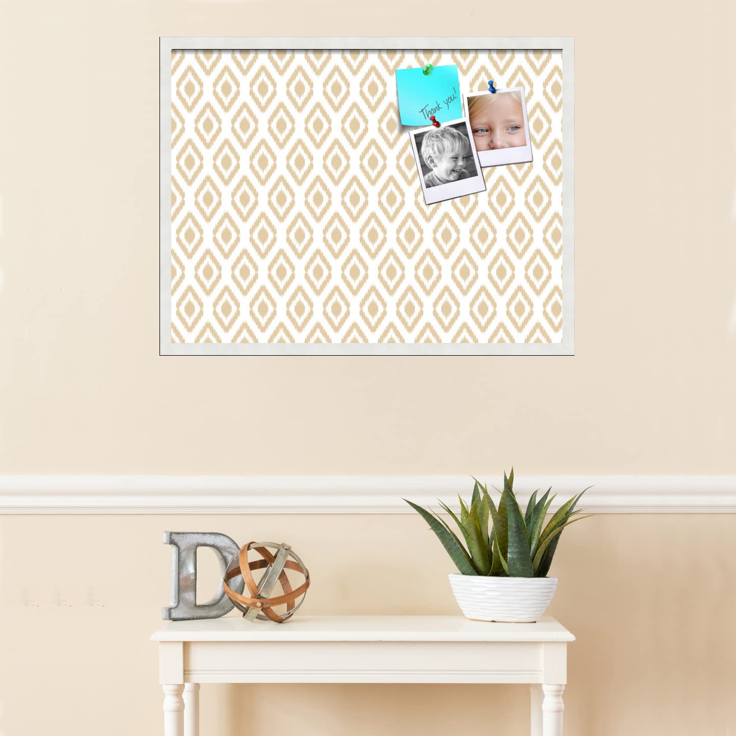 PinPix 32x24 Inch Cork Bulletin Board with Ikat Beige Design & Satin White Frame - Decorative Framed Pin Board for Home Office School Decor - Perfect for Notes, Photos, Reminders & Wall Organization