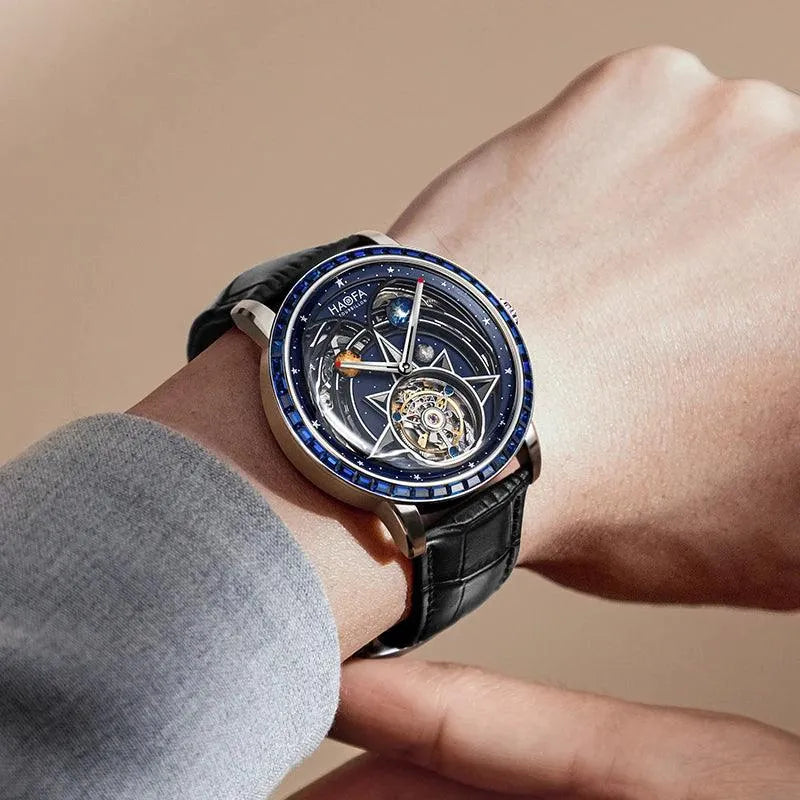 Haofa Men's Automatic Zircon Bezel Flying Tourbillon Watch with Luminous Universe Dial & Double Spring Drive - Luxury Interstellar Design for Business, Formal Events & Collectors (Model 2269)