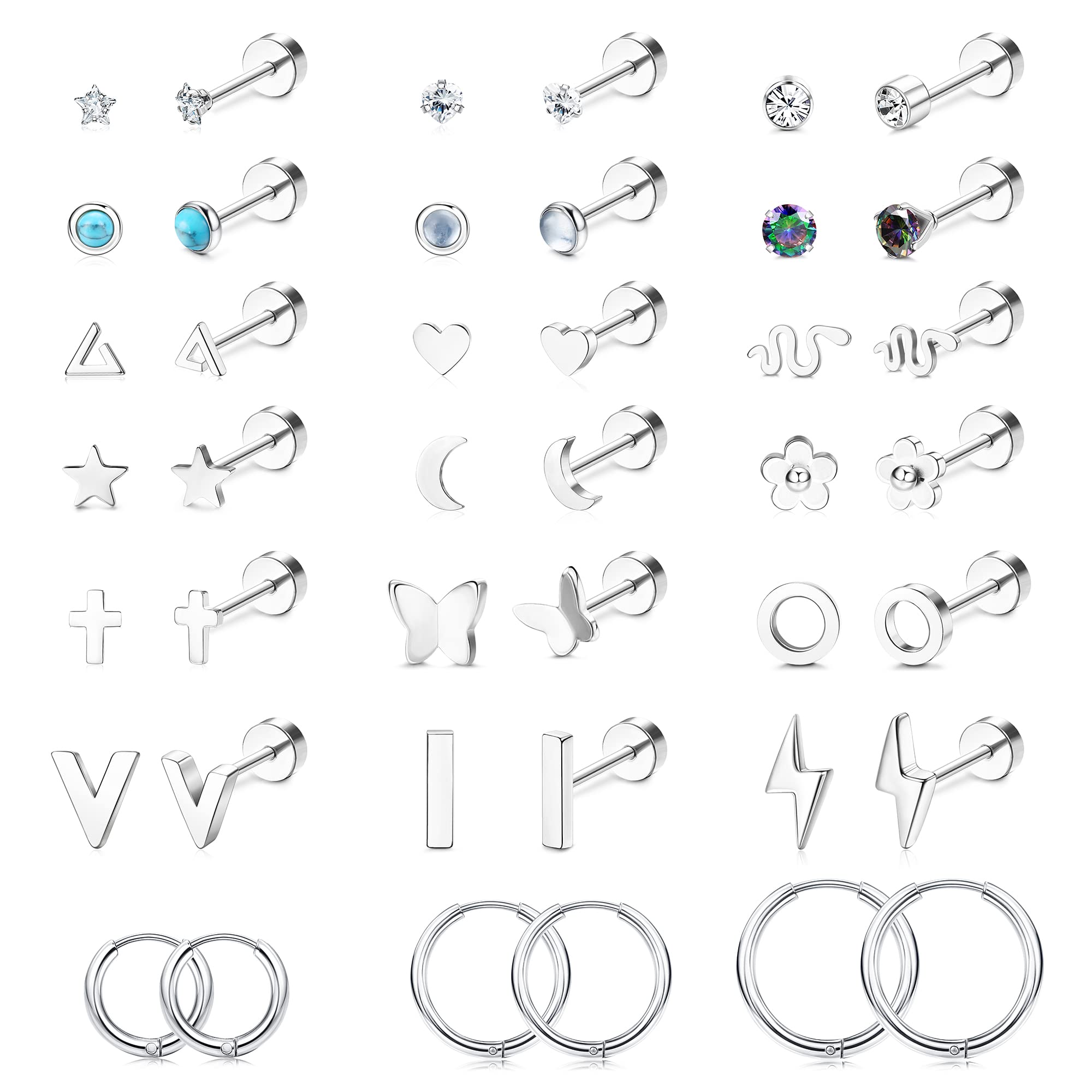 FIBO STEEL 21 Pairs Flat Back Earrings for Women - 20G Tiny Cartilage Stud Earrings Set with Heart & Butterfly CZ Designs - Tragus, Daith, Helix Ear Piercing Jewelry - Screw Back Earrings Pack for Everyday Wear, Gift Giving & Special Occasions