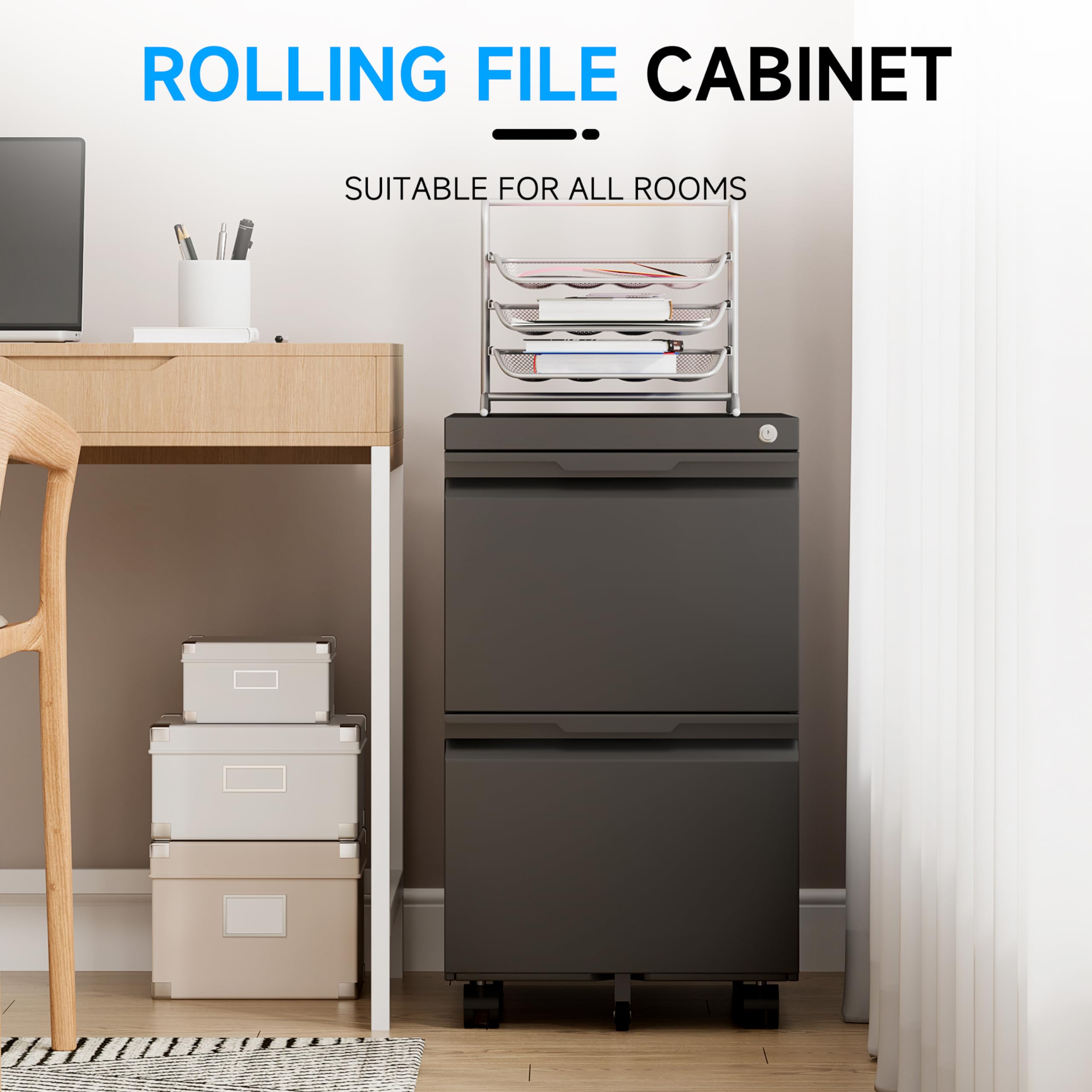 2 Drawer Mobile File Cabinet with Lock - Rolling Metal File Storage for Letter/Legal/A4 Documents - Home Office Organization with Wheels (Black) | Perfect for Small Spaces & Office Organization