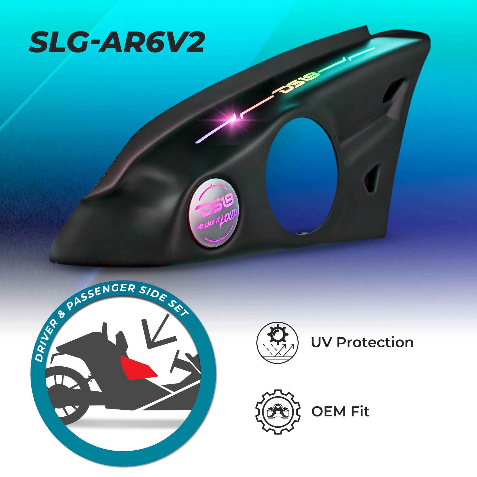 DS18 SLG-AR6V2 Polaris Slingshot Arm Rest Enclosure with Digital LED Lights (2015+ Models) - Fits 2X 6.5